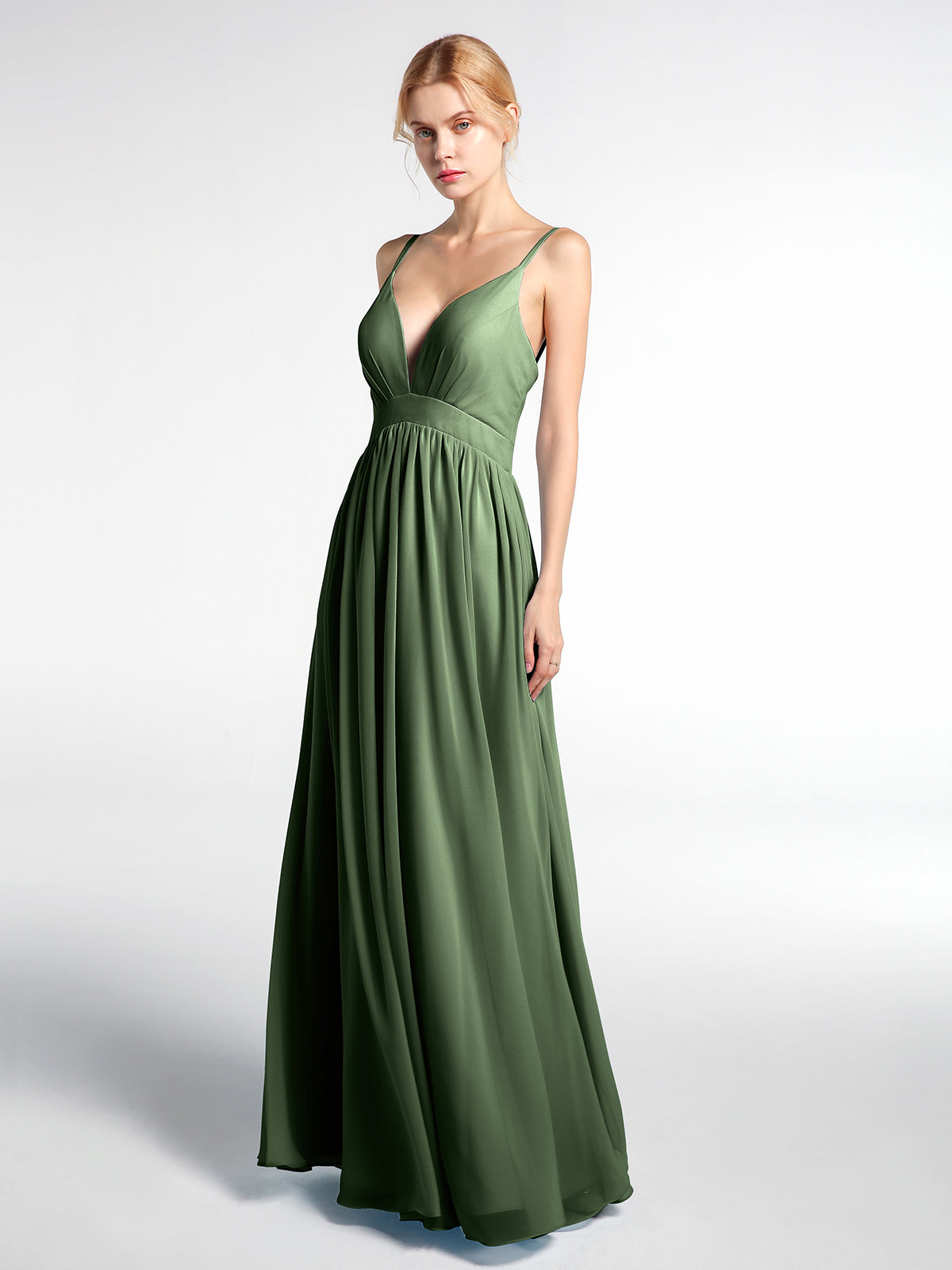 Vestido largo de chiffon con escote en forma de V y cintura imperio Verde Oliva