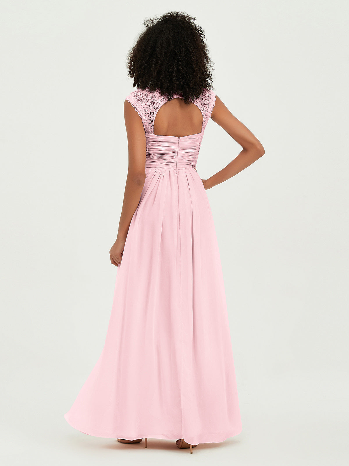 Vestidos de chiffon con escote en corazón y mangas cap de encaje Rosa Claro