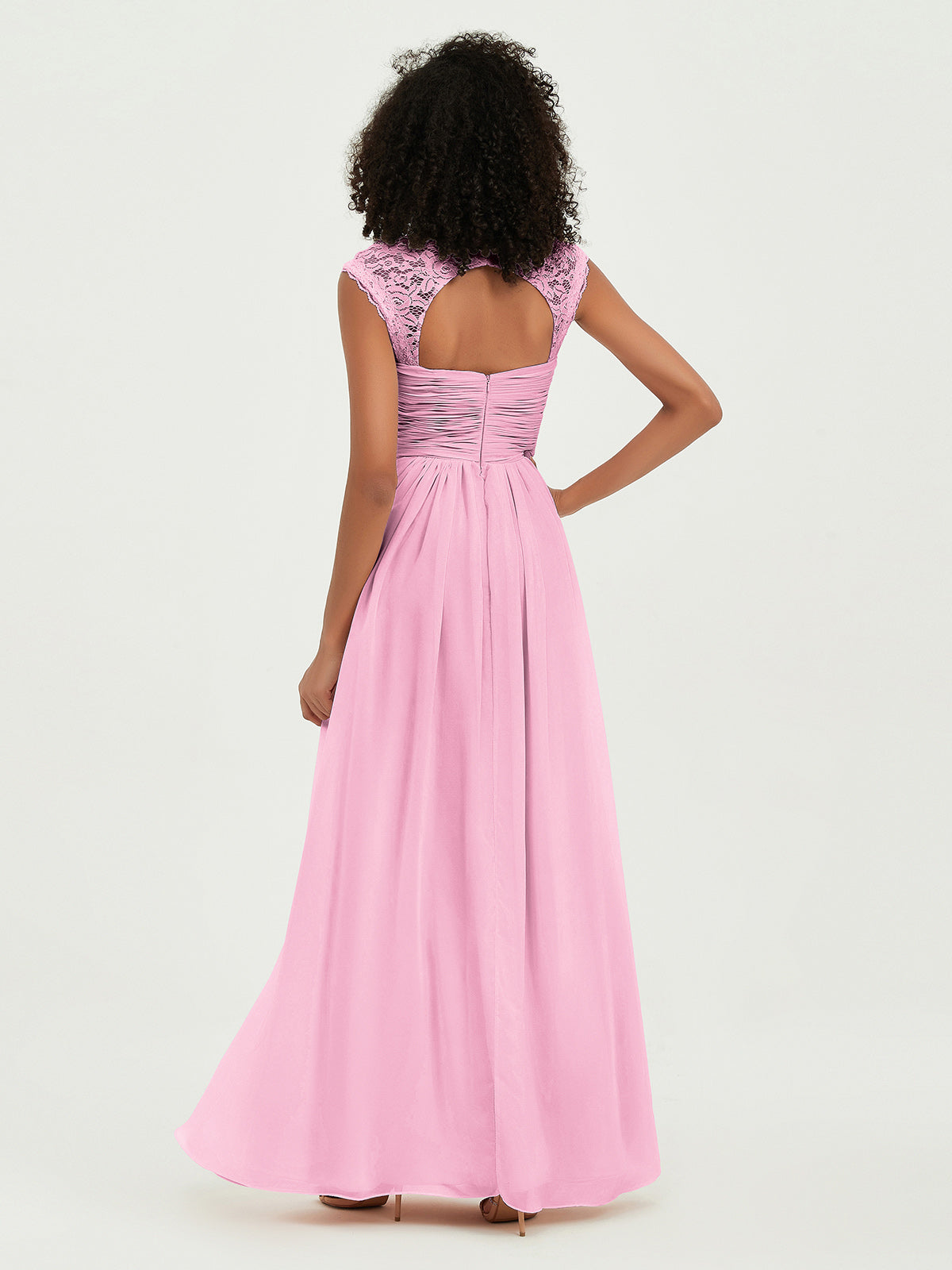 Vestidos de chiffon con escote en corazón y mangas cap de encaje Rosa Chicle
