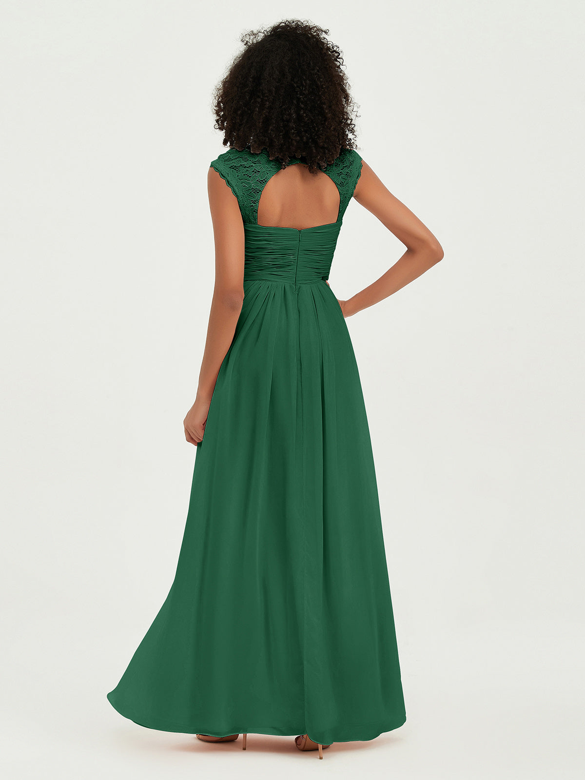 Vestidos de chiffon con escote en corazón y mangas cap de encaje Verde Oscuro