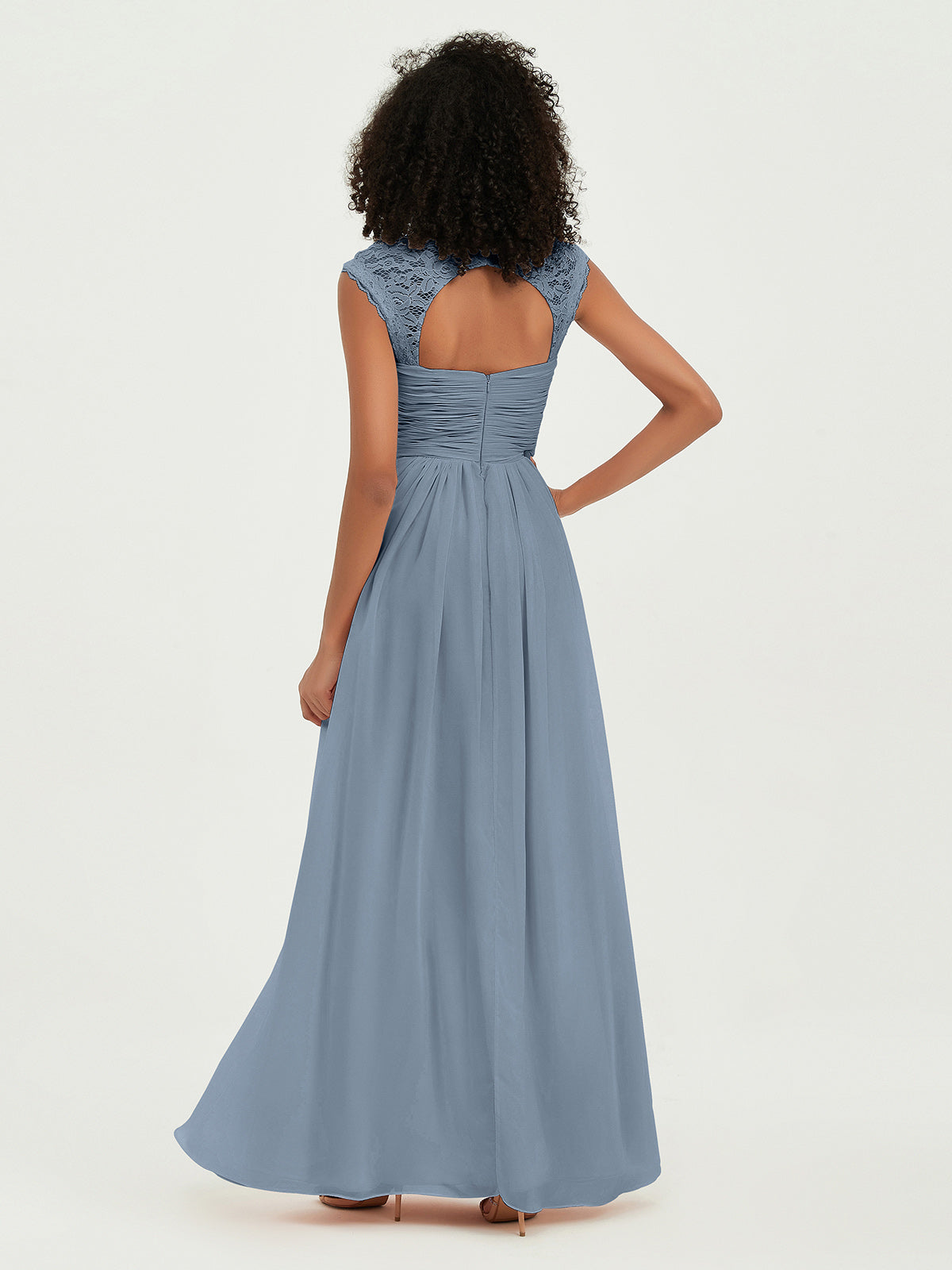 Vestidos de chiffon con escote en corazón y mangas cap de encaje Azul Polvoriento