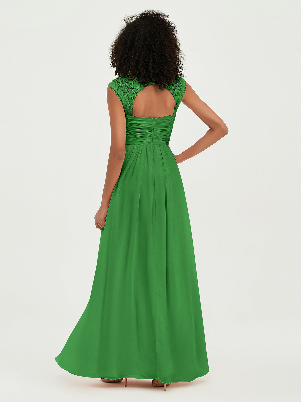 Vestidos de chiffon con escote en corazón y mangas cap de encaje Verde