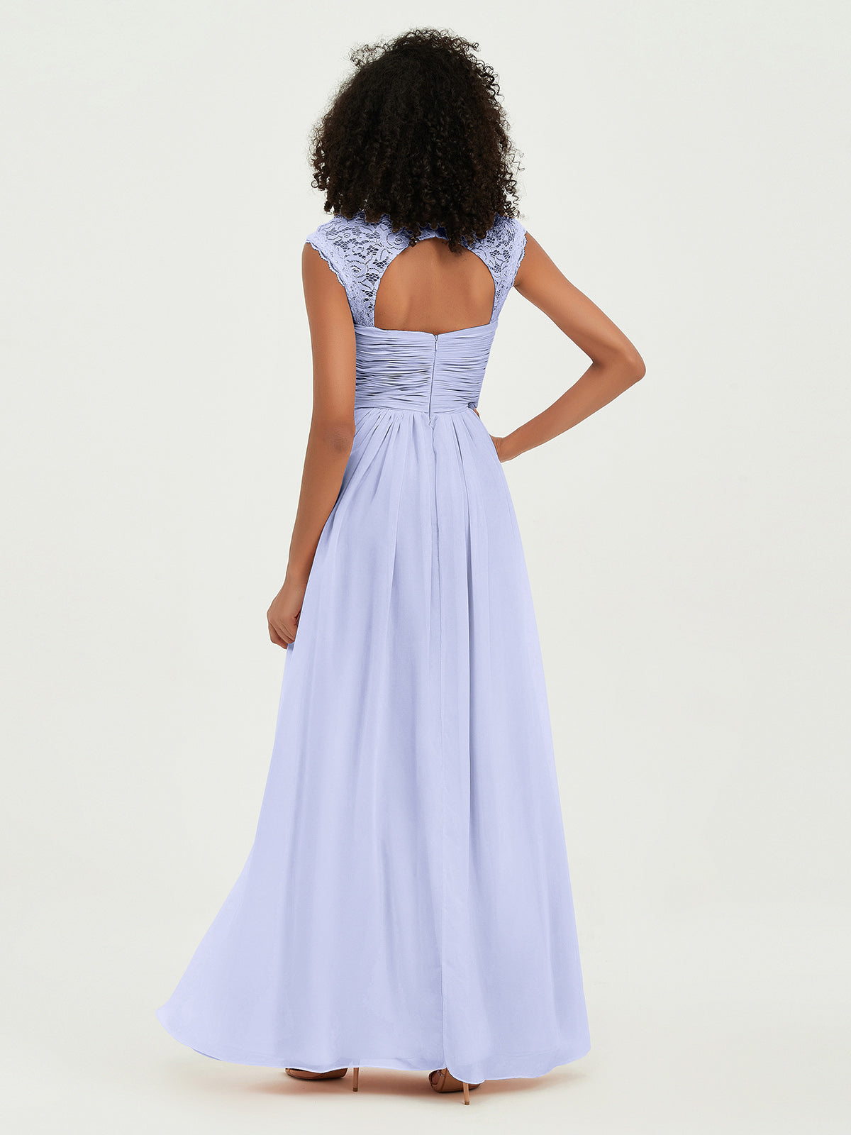 Vestidos de chiffon con escote en corazón y mangas cap de encaje Lavanda