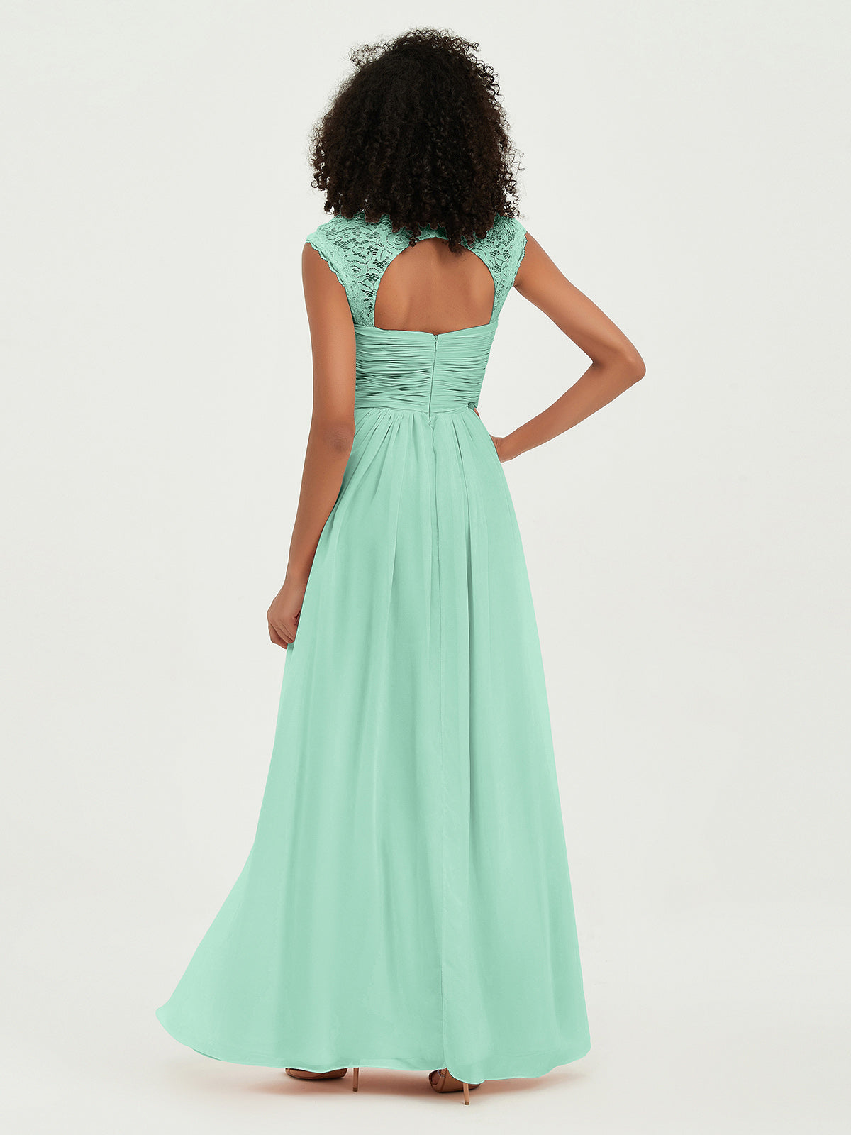 Vestidos de chiffon con escote en corazón y mangas cap de encaje Verde Menta