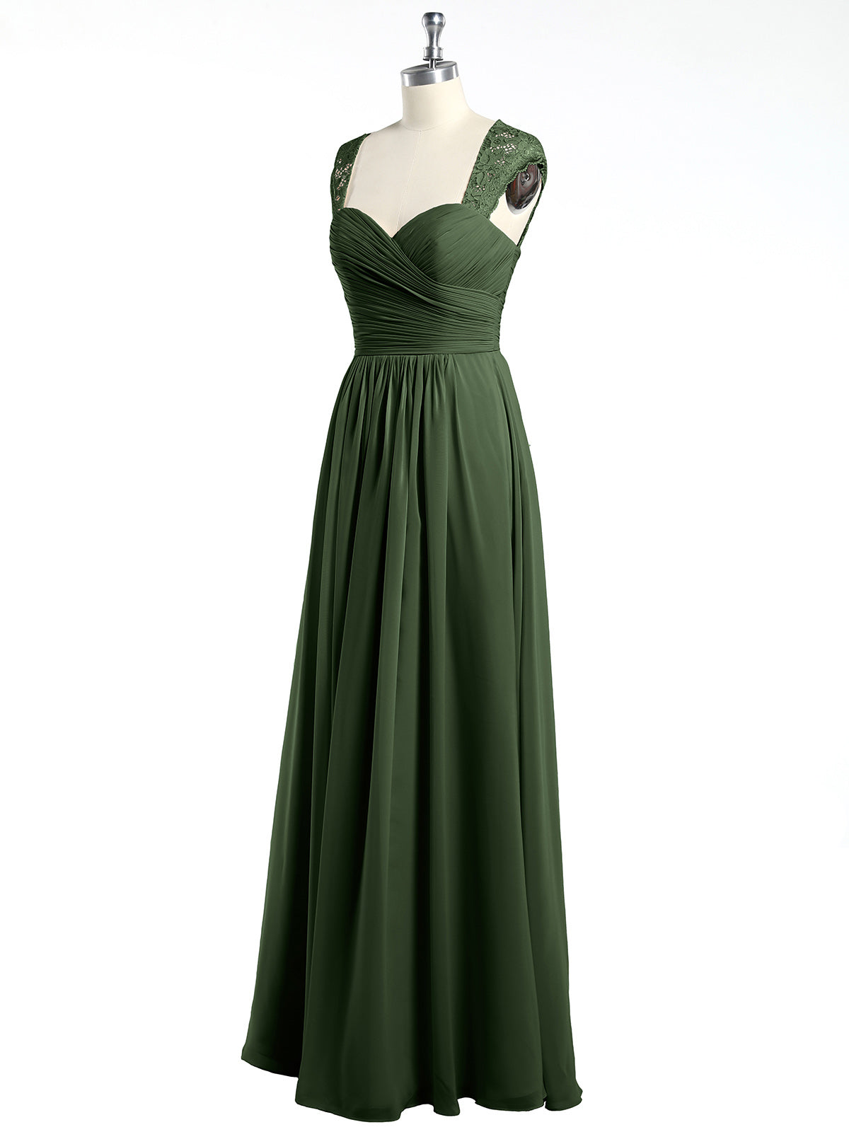 Vestidos de chiffon con escote en corazón y mangas cap de encaje Verde Oliva