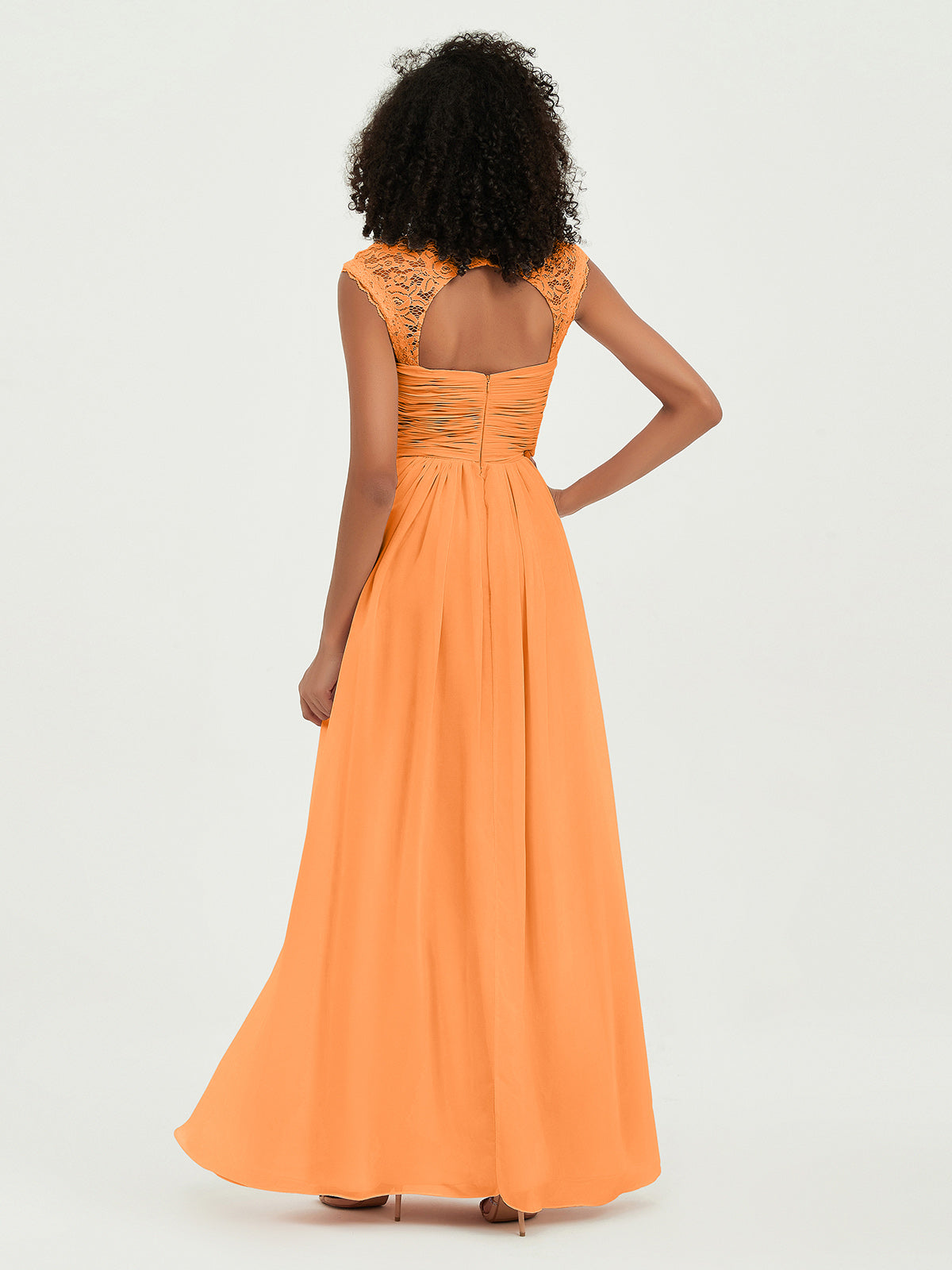 Vestidos de chiffon con escote en corazón y mangas cap de encaje Naranja