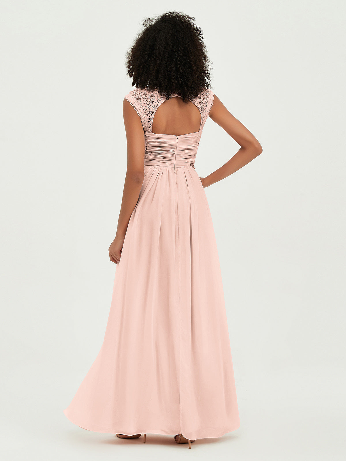 Vestidos de chiffon con escote en corazón y mangas cap de encaje Rosa perlado