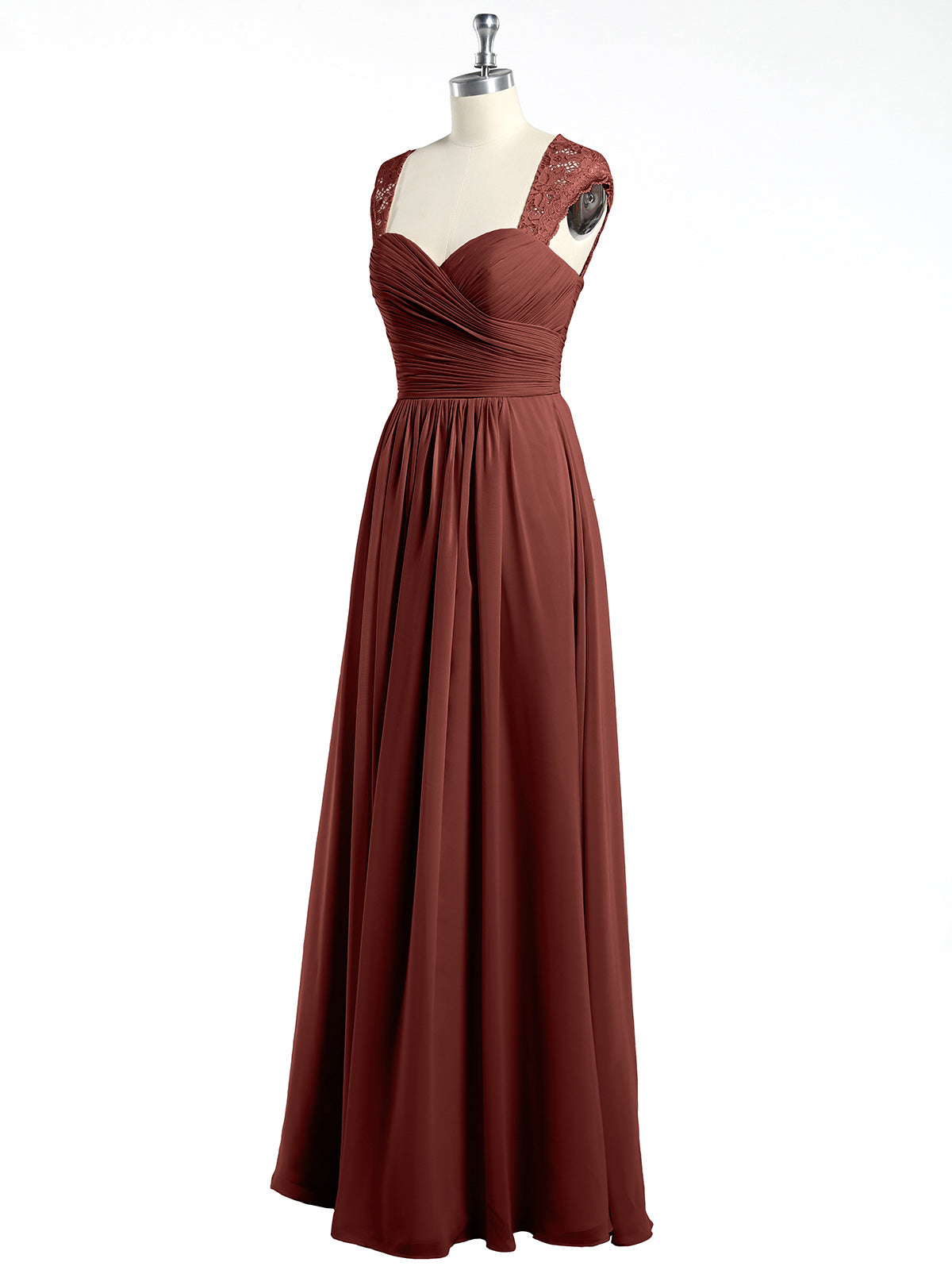 Vestidos de chiffon con escote en corazón y mangas cap de encaje Terracota Tallas Grandes