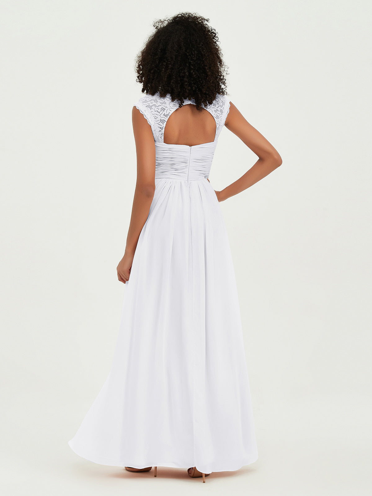 Vestidos de chiffon con escote en corazón y mangas cap de encaje Blanco