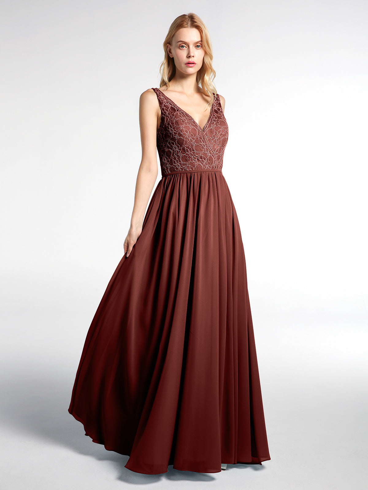 Vestido maxi de chiffon con escote en V y parte superior de encaje Terracota Tallas Grandes