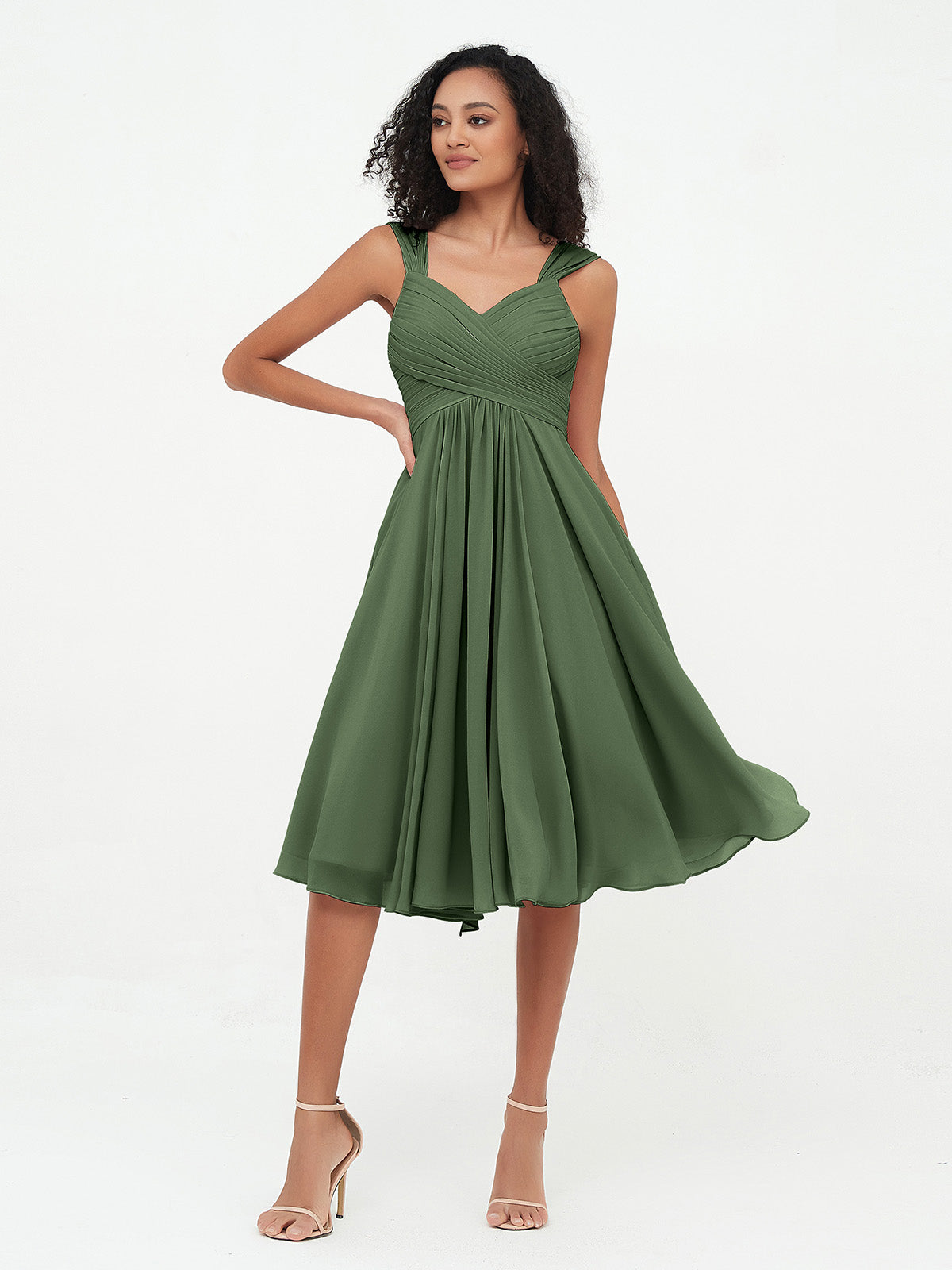 Vestidos cortos de chiffon estilo imperio con bolsillos Verde Oliva Tallas Grandes