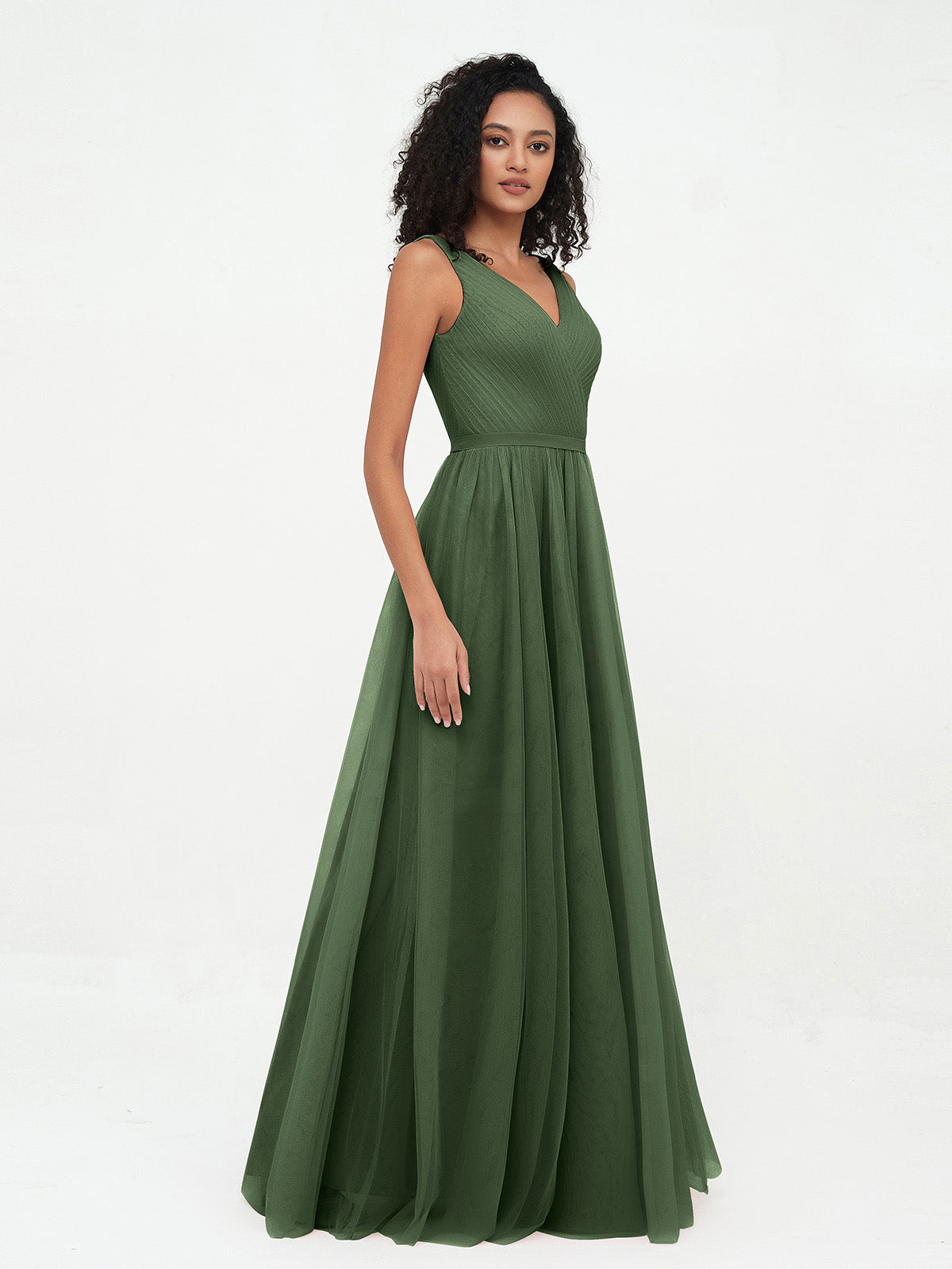 Vestidos máximos de tul estilo princesa con escote en V Verde Oliva Tallas Grande