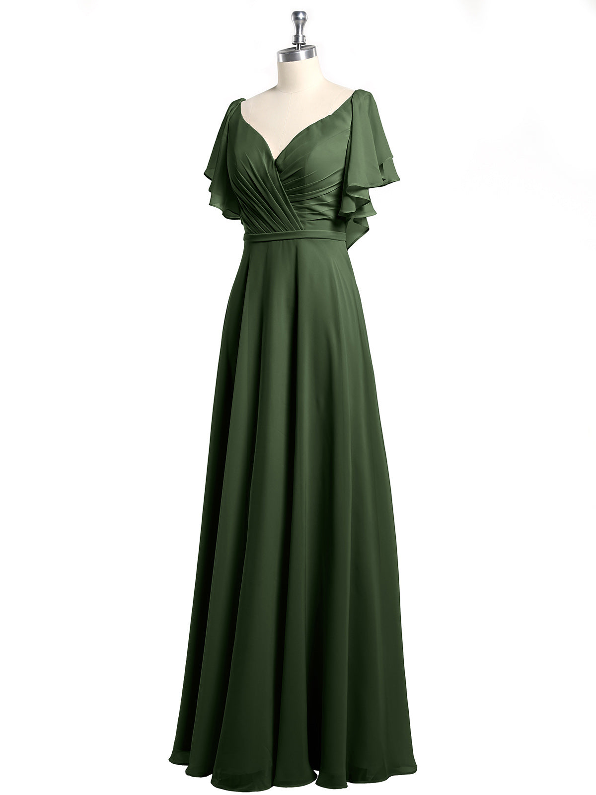 Vestidos de chiffon con escote en V y mangas cap con volantes Verde Oliva