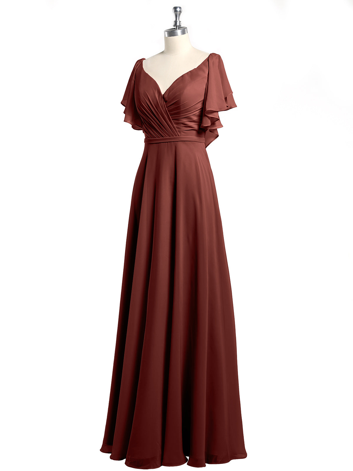 Vestidos de chiffon con escote en V y mangas cap con volantes Terracota Tallas Grandes