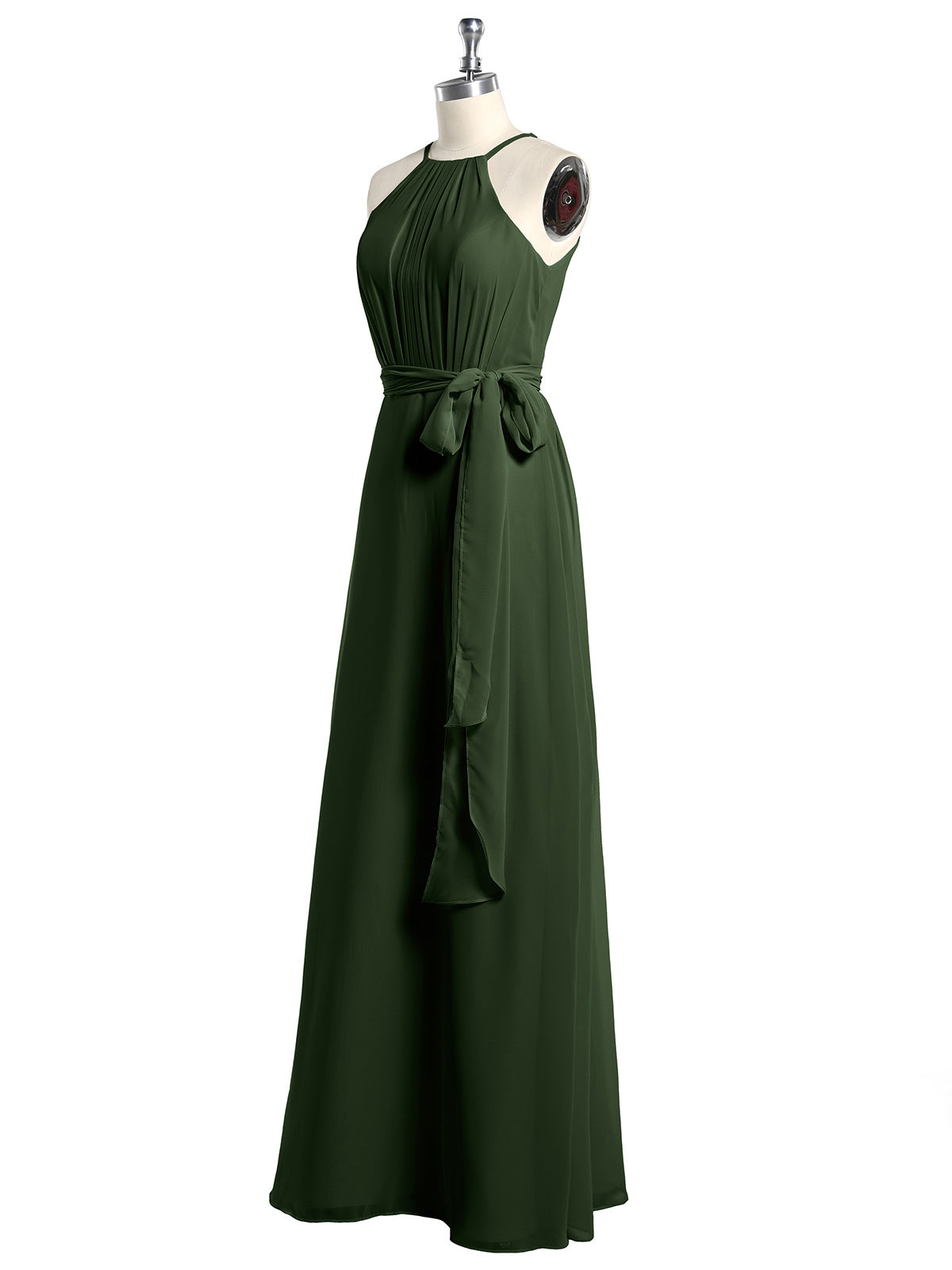Vestidos largos de chiffon estilo halter con lazo Verde Oliva
