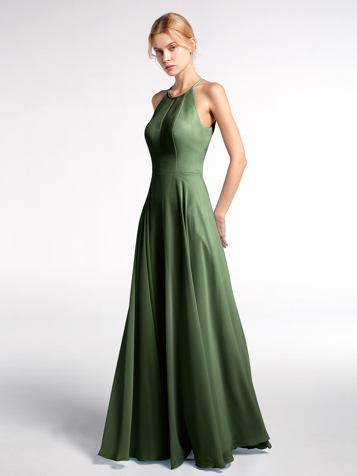 Vestido maxi de falda circular con escote en forma de cerradura y falda plisada Verde Oliva