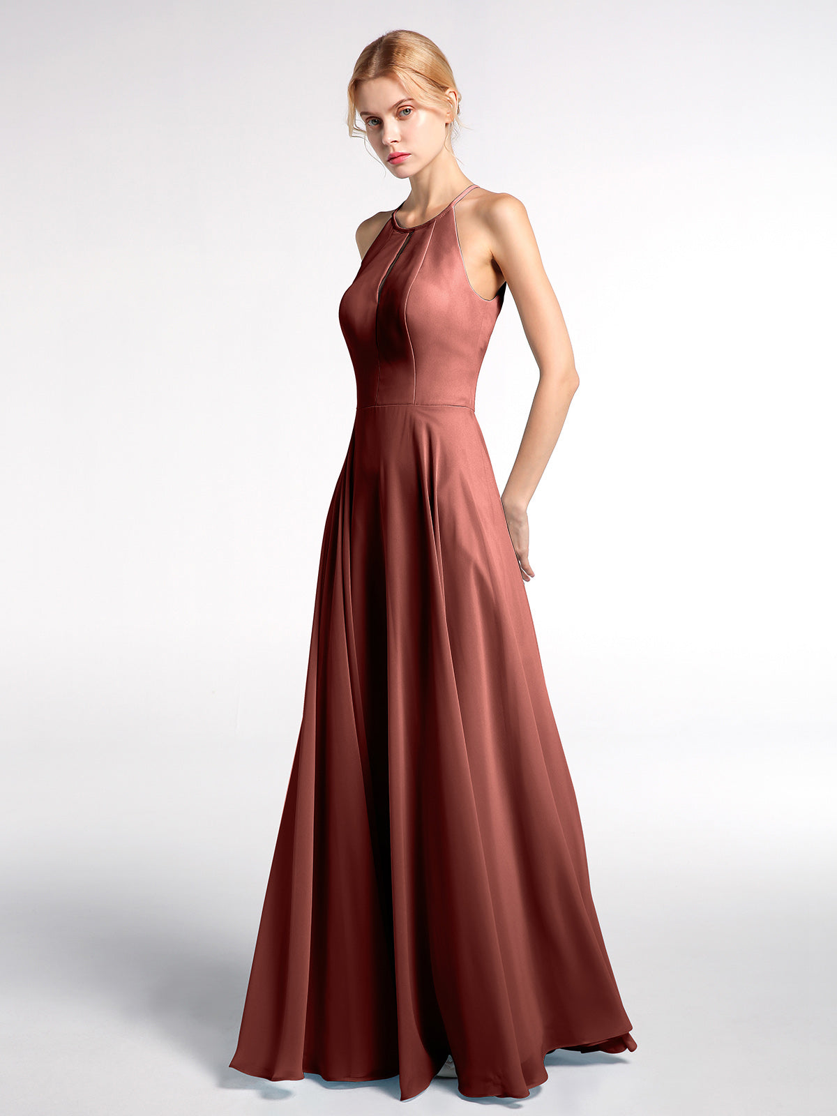 Vestido maxi de falda circular con escote en forma de cerradura y falda plisada Terracota Tallas Grandes