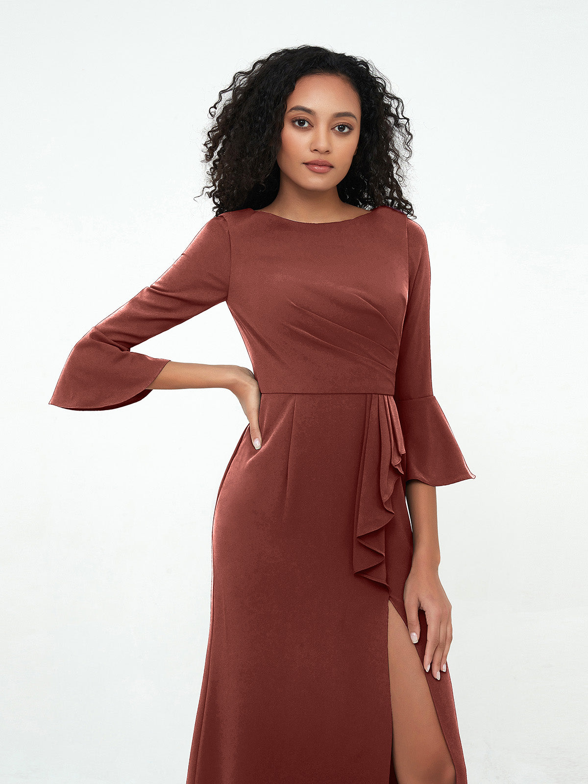 Vestidos con mangas de trompeta sexy y estilo sirena con hombros descubiertos Terracota Tallas Grandes