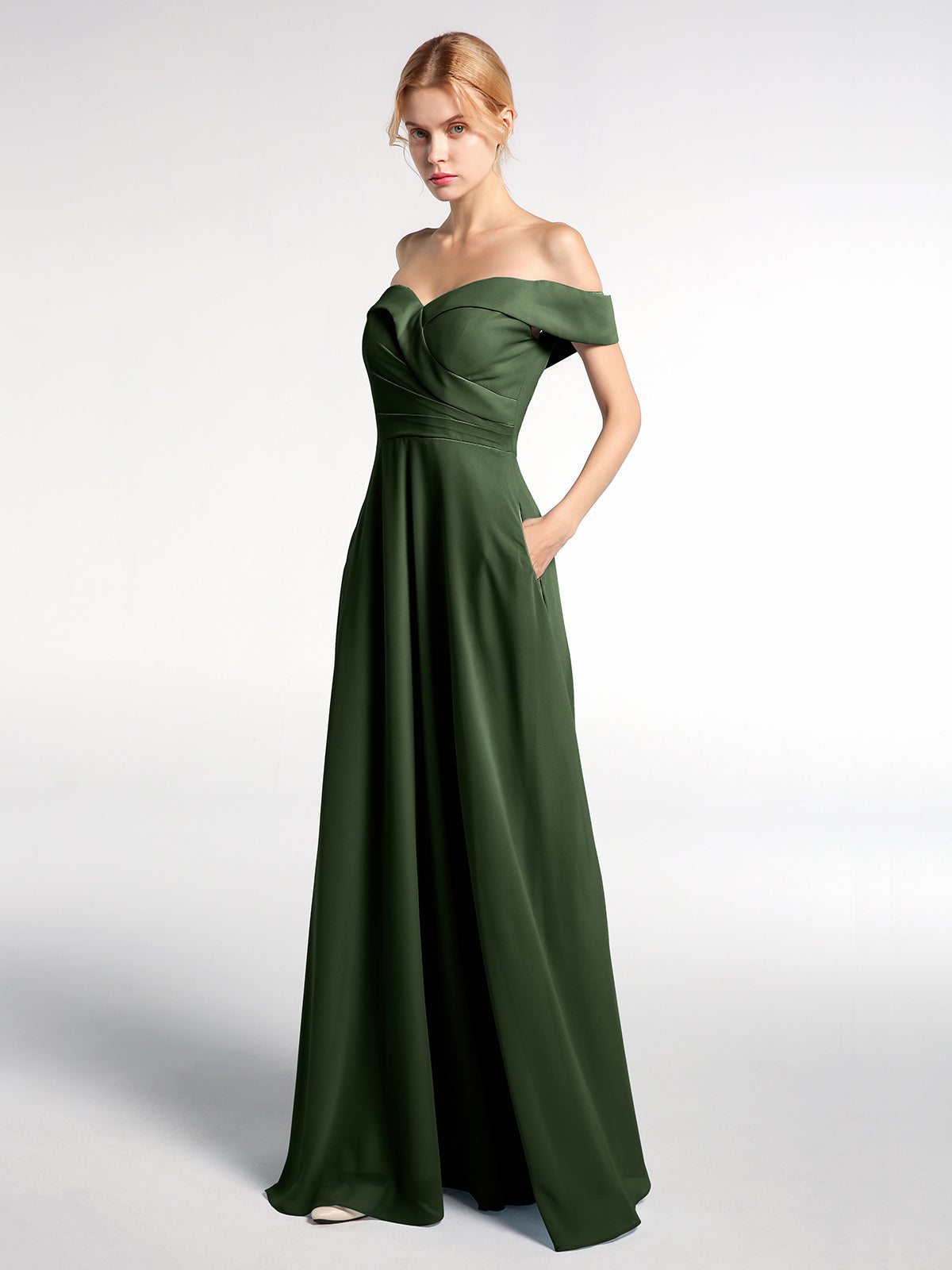 Vestido de falda circular con hombros descubiertos y bolsillos Verde Oliva