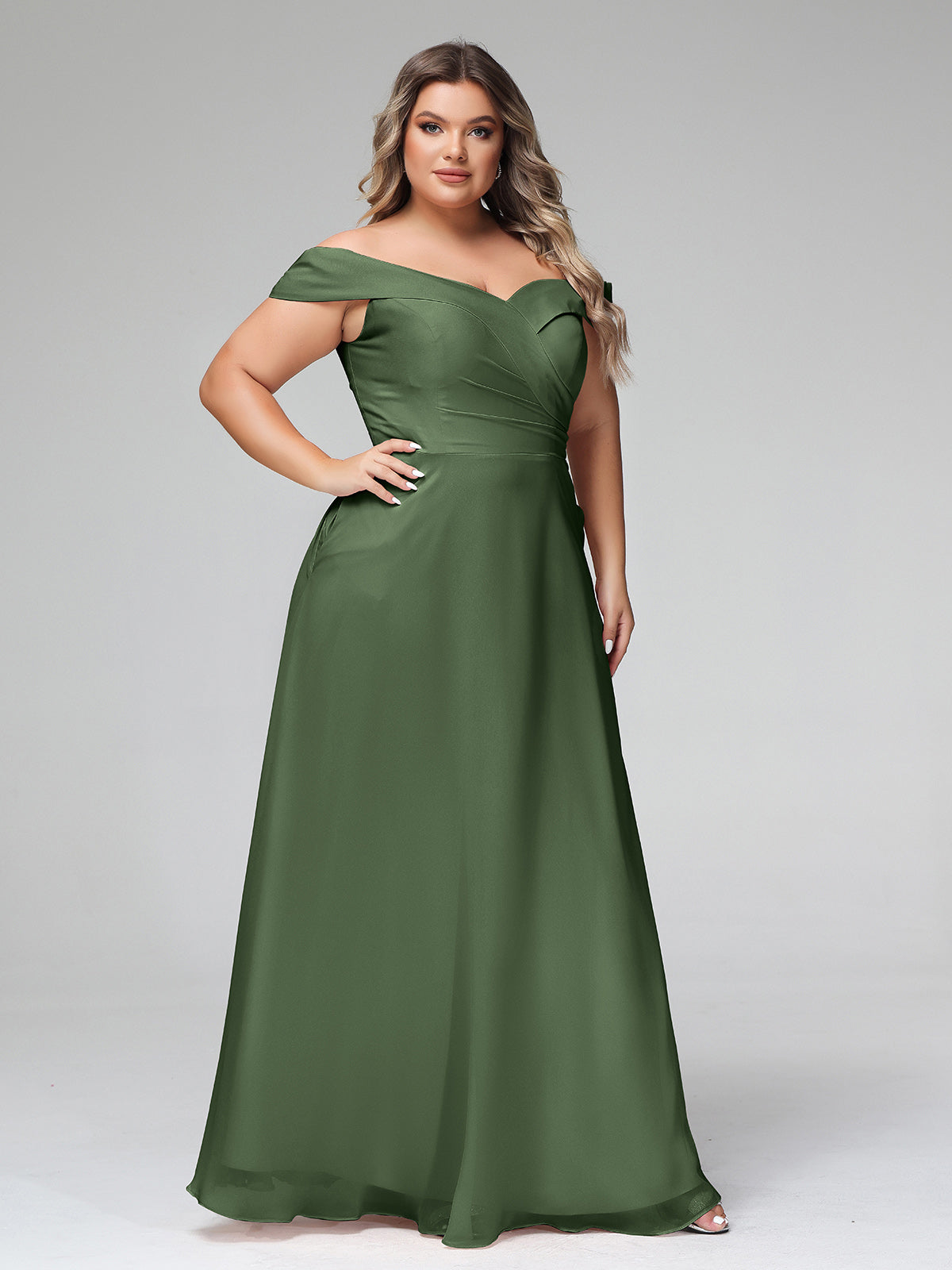 Vestido de falda circular con hombros descubiertos y bolsillos Verde Oliva Tallas Grandes