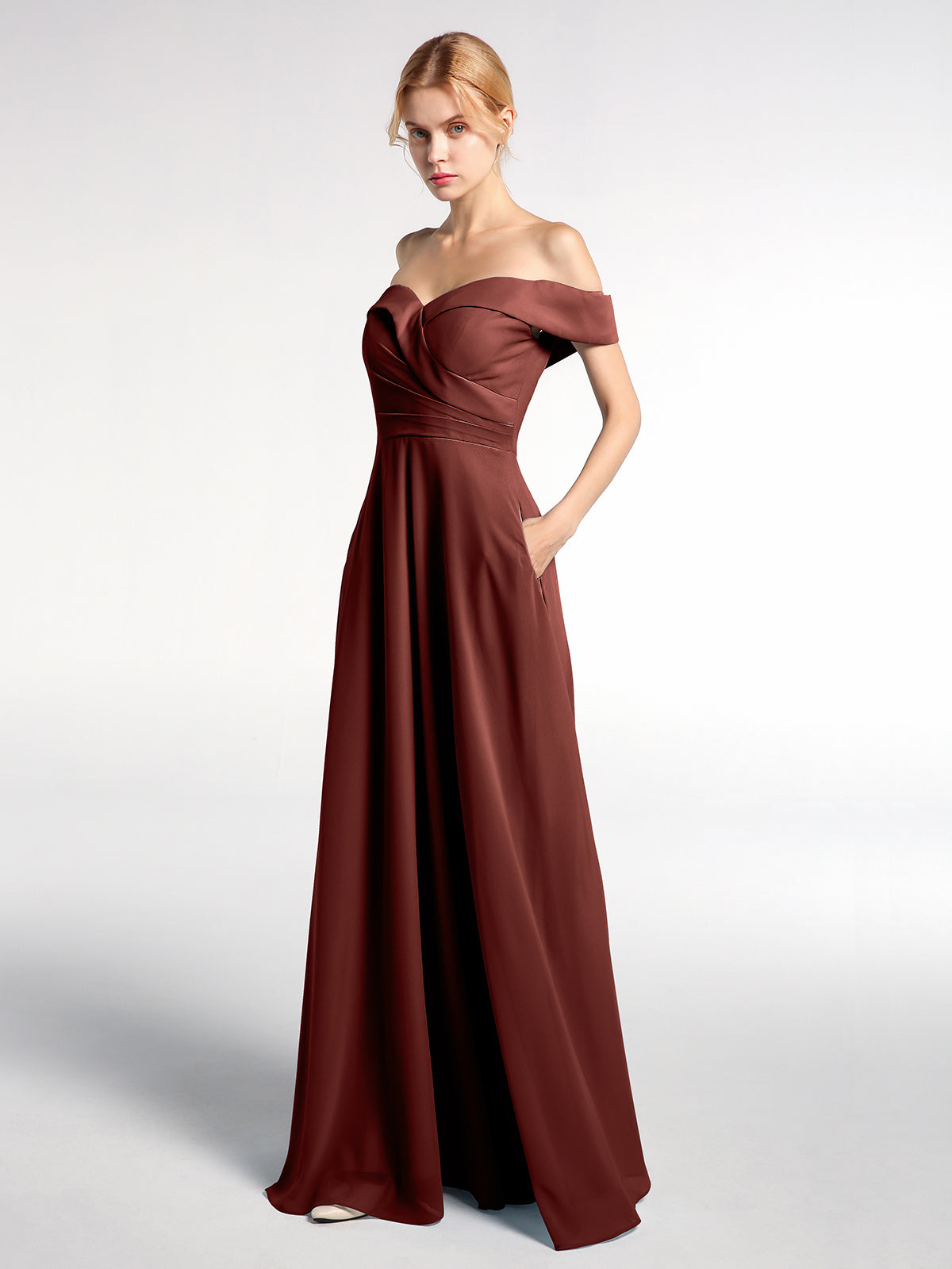 Vestido de falda circular con hombros descubiertos y bolsillos Terracota