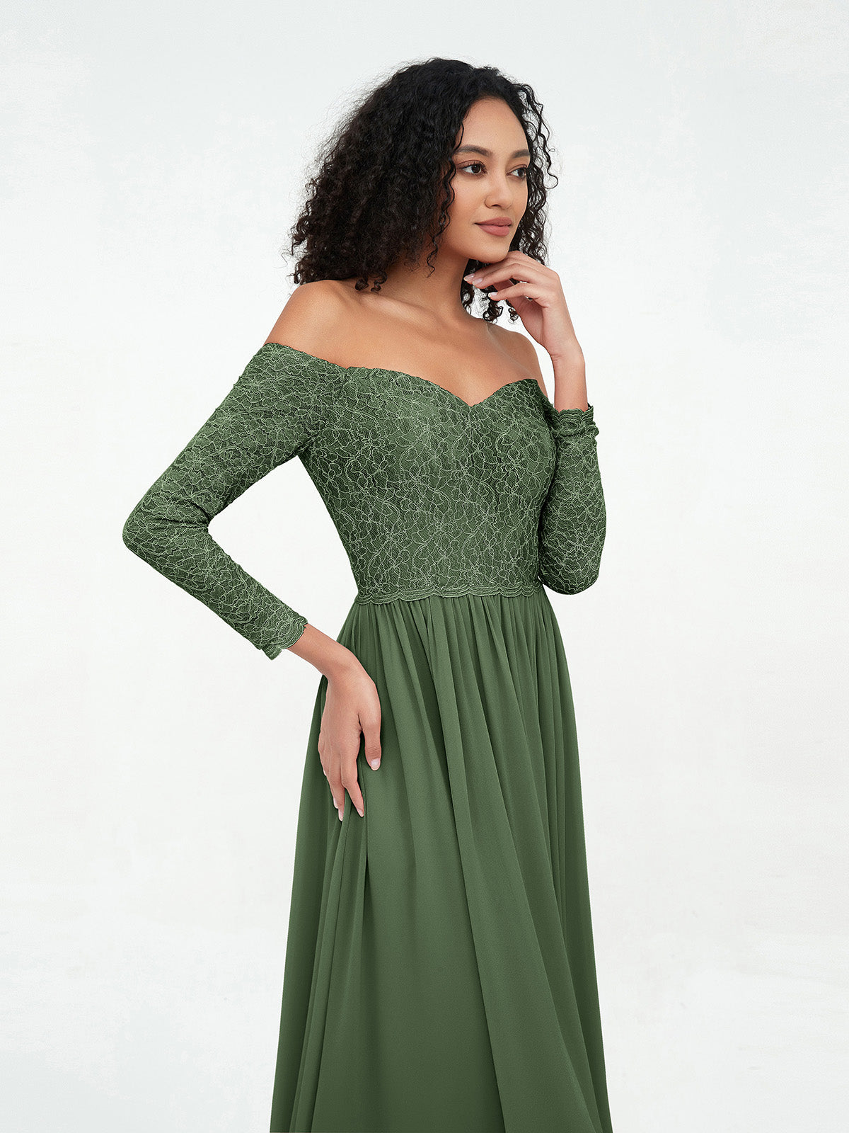 Vestidos largos de encaje con mangas largas y hombros descubiertos Verde Oliva Tallas Grandes