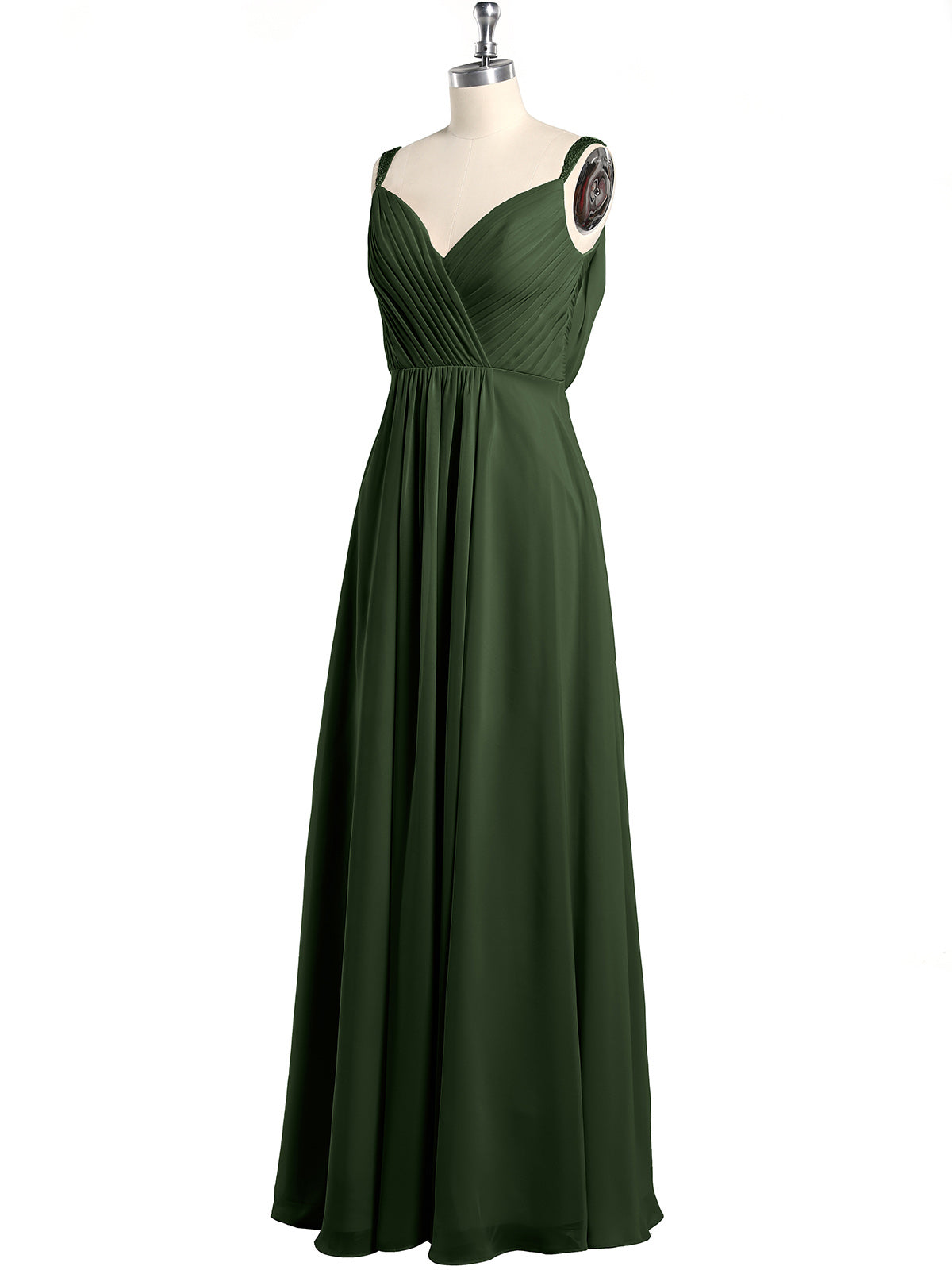 Vestidos de chiffon con escote en V y tirantes decorados con cuentas Verde Oliva