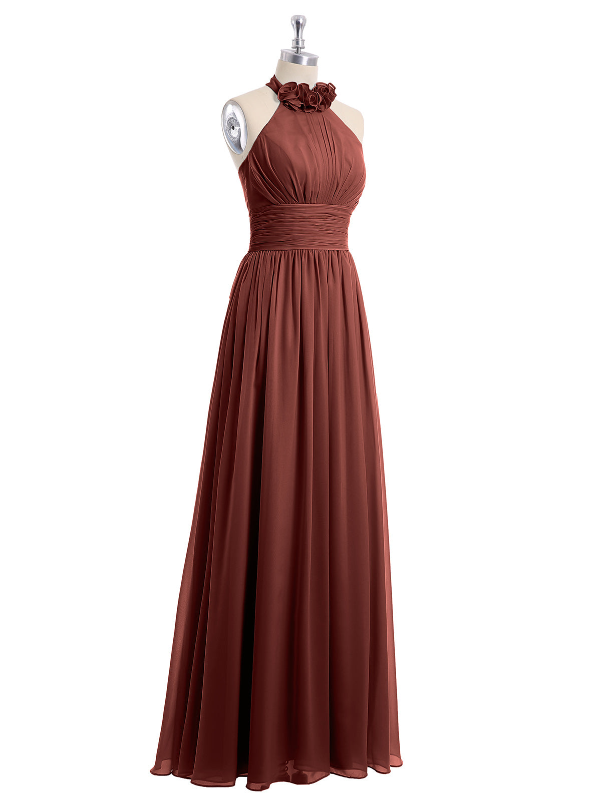 Vestido largo de chiffon estilo halter con flores Terracota Tallas Grandes