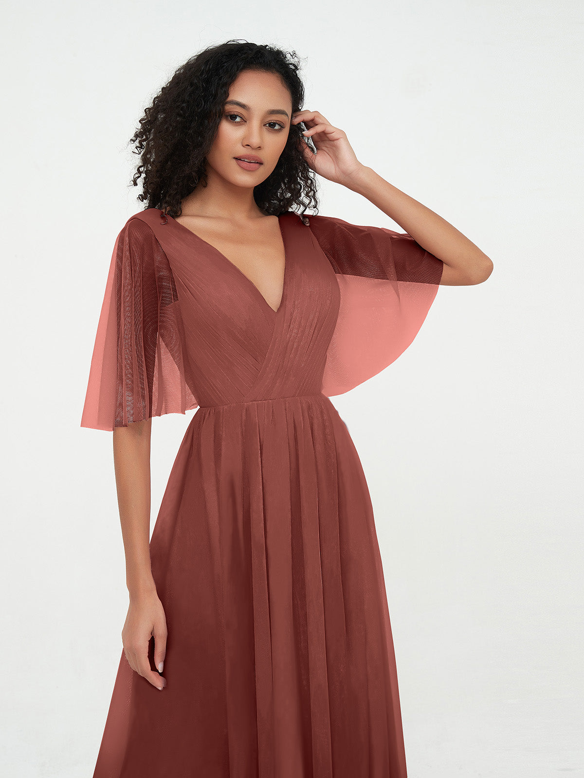 Vestidos máximos de tul estilo A-line con escote en V profundo en la espalda Terracota Tallas Grandes