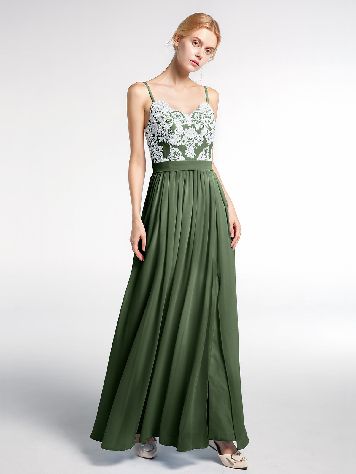 Vestido de chiffon con tirantes finos y abertura frontal con encaje marfil Verde Oliva