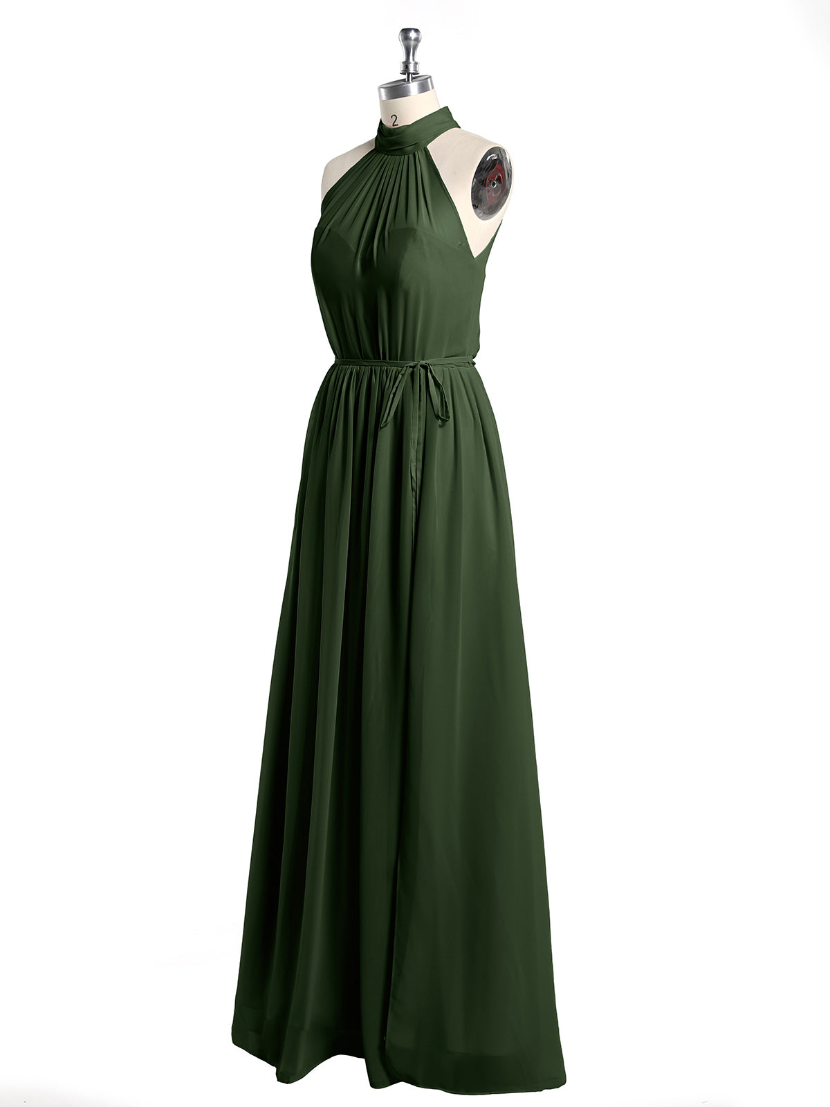 Vestidos de chiffon de cuello alto con abertura y lazo de cinturón Verde Oliva