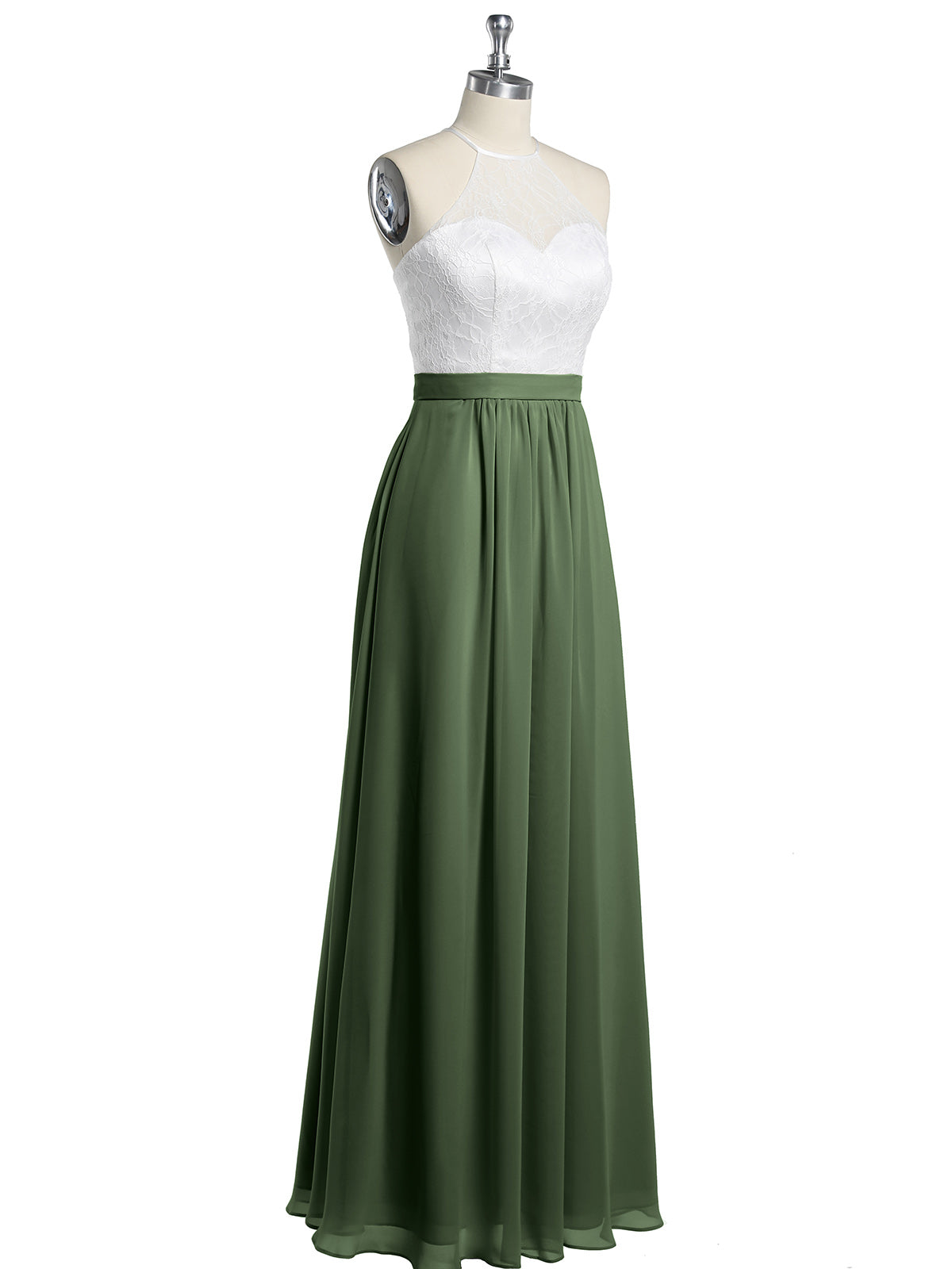 Vestidos largos de chiffon con cuerpo de encaje marfil Verde Oliva