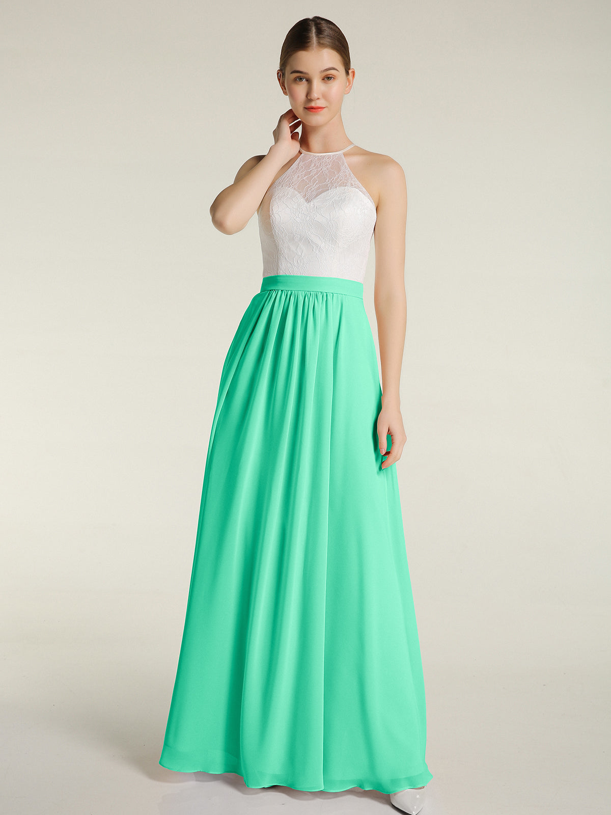 Vestidos largos de chiffon con cuerpo de encaje marfil Turquesa