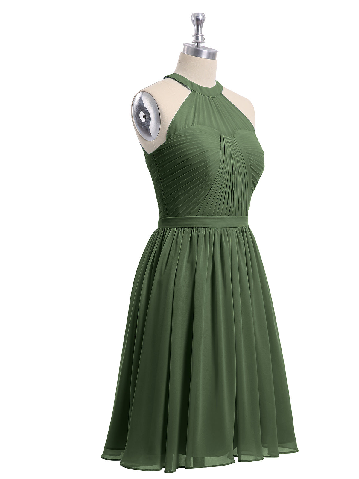 Vestidos cortos de chiffon estilo halter para damas de honor Verde Oliva Tallas Grandes