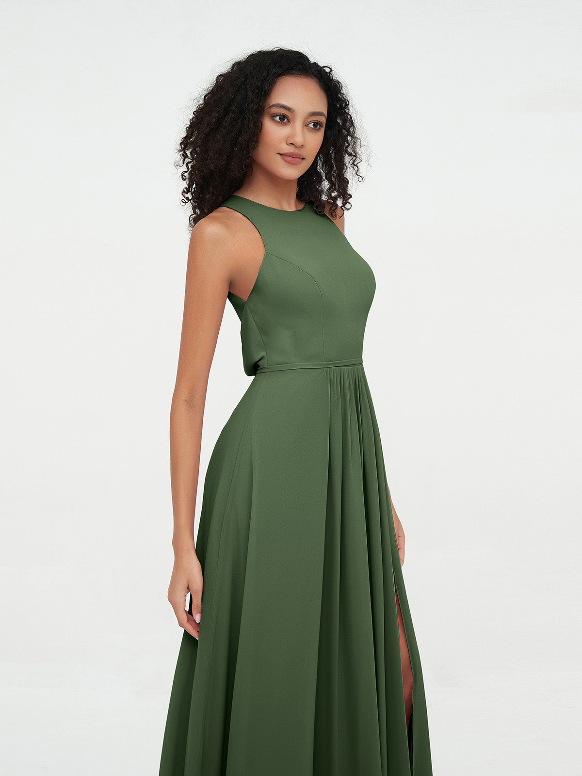 Vestidos largos de chiffon estilo princesa con abertura Verde Oliva