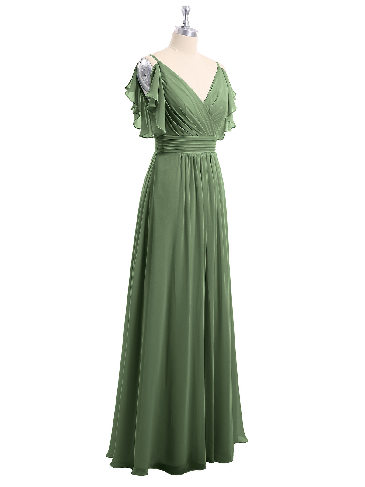 Vestidos de chiffon con tirantes finos y volantes en escote en V Verde Oliva Tallas Grandes