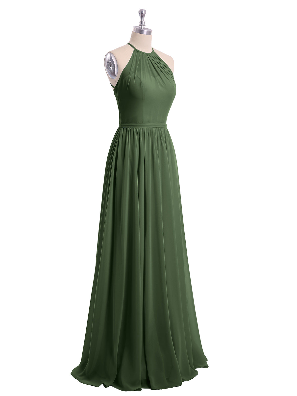 Vestidos largos de chiffon estilo halter con doble tirante Verde Oliva