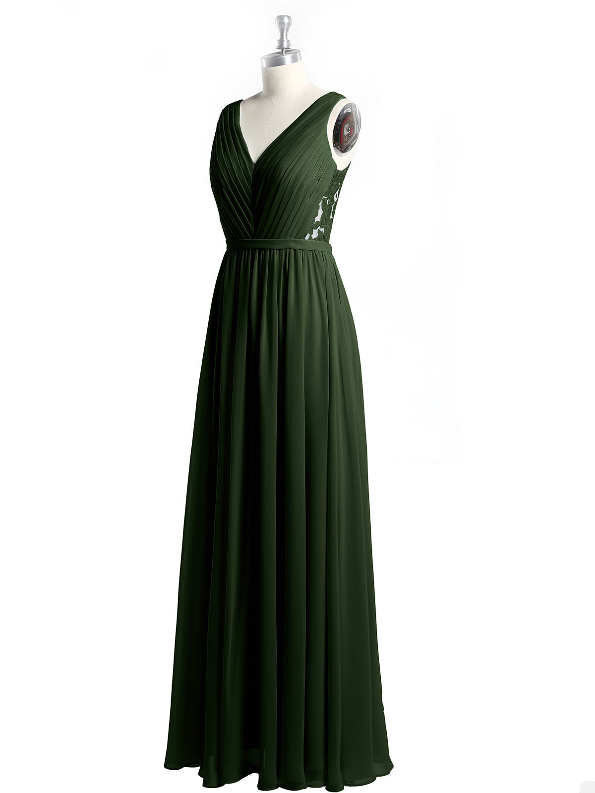 Vestidos de chiffon con escote en V y espalda de encaje Verde Oliva