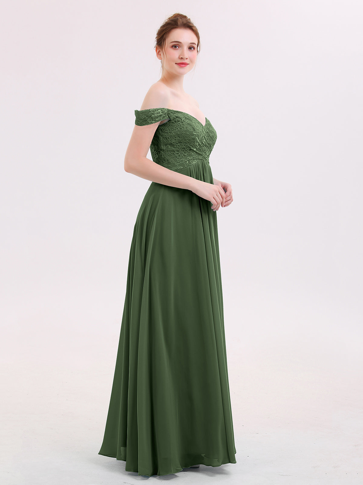 Lillian Fuera Del Hombro Gasa Y Encaje Imperial Vestido Verde Oliva