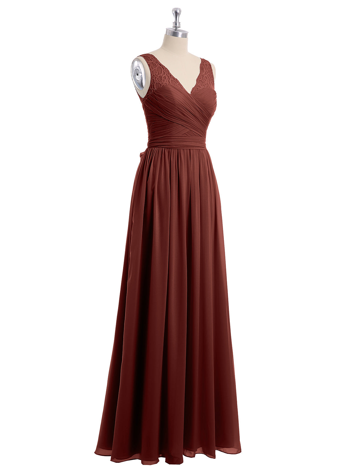 Vestidos largos de chiffon con tirantes de encaje y lazo de cinturón Terracota Tallas Grandes
