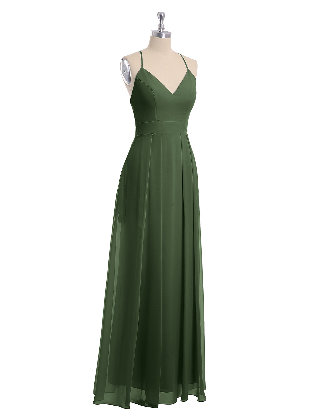 Vestidos largos de chiffon con tirantes finos en escote en V y bolsillo Verde Oliva Tallas Grandes