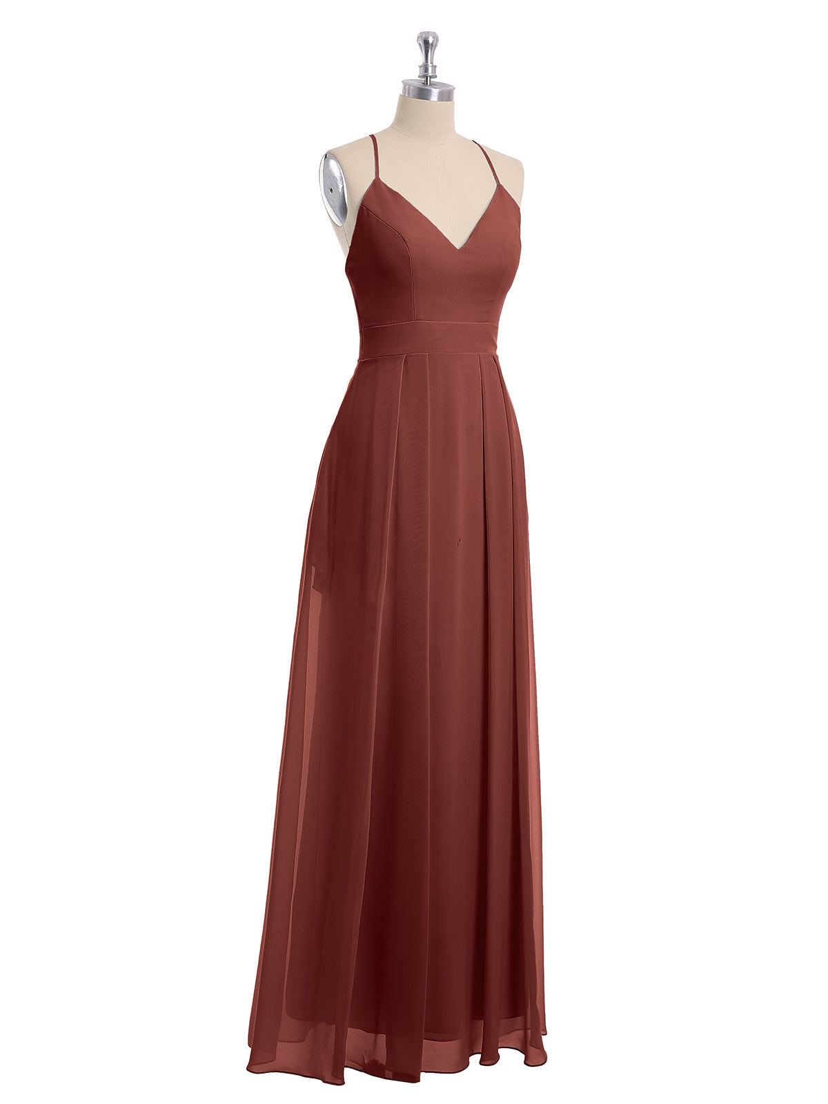 Vestidos largos de chiffon con tirantes finos en escote en V y bolsillo Terracota Tallas Grandes