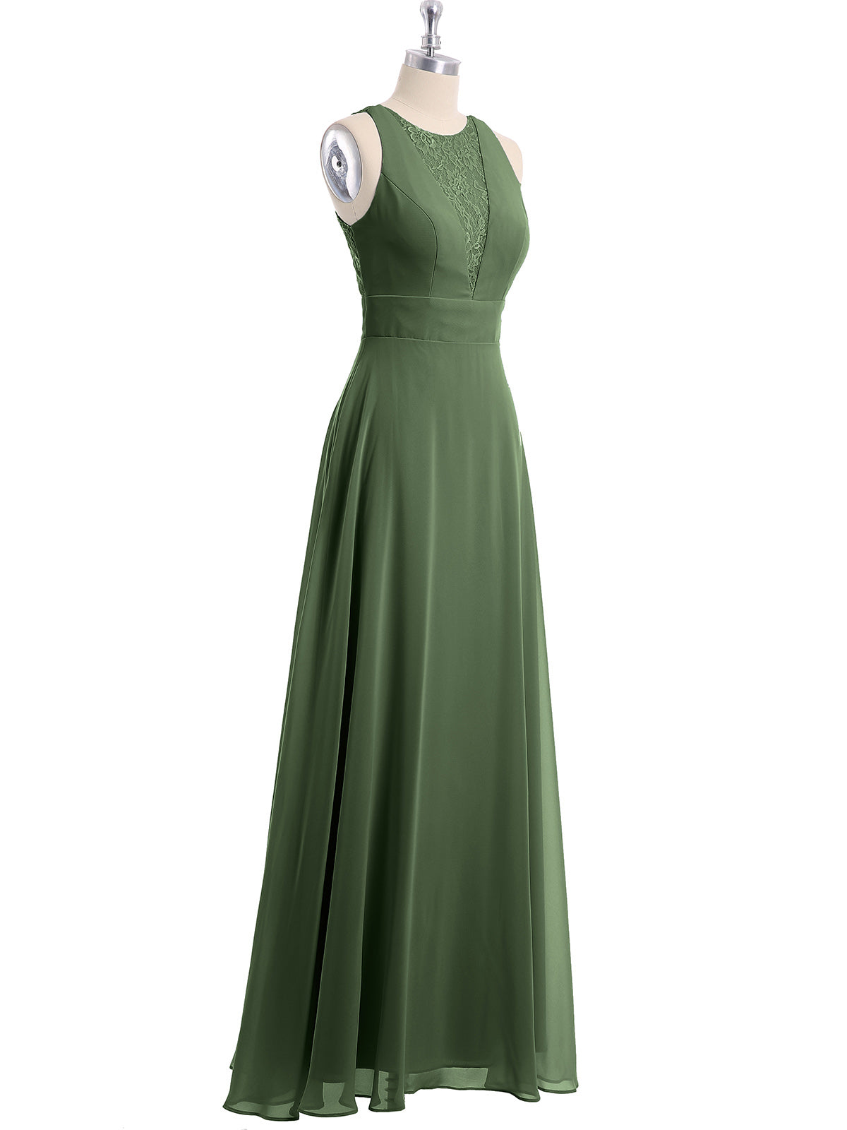 Vestidos largos de chiffon con encaje en escote en V profundo y espalda descubierta Verde Oliva