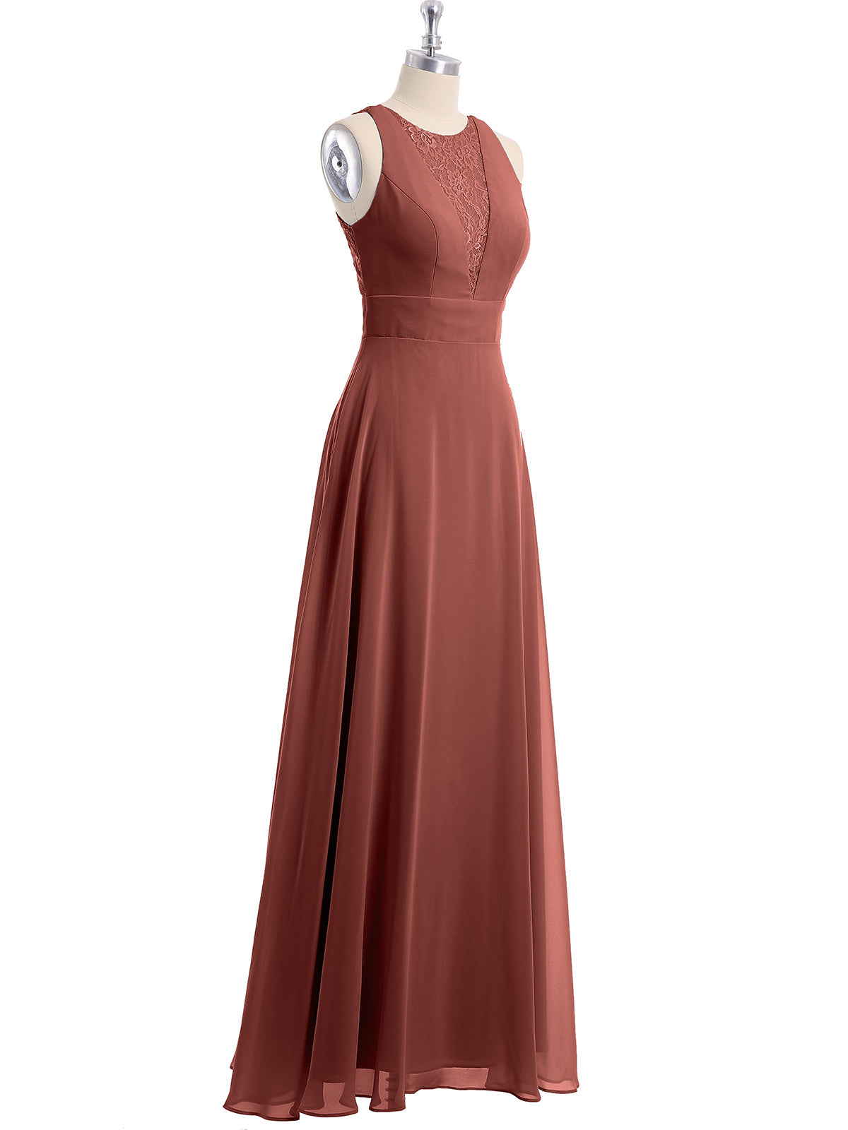 Vestidos largos de chiffon con encaje en escote en V profundo y espalda descubierta Terracota Tallas Grandes