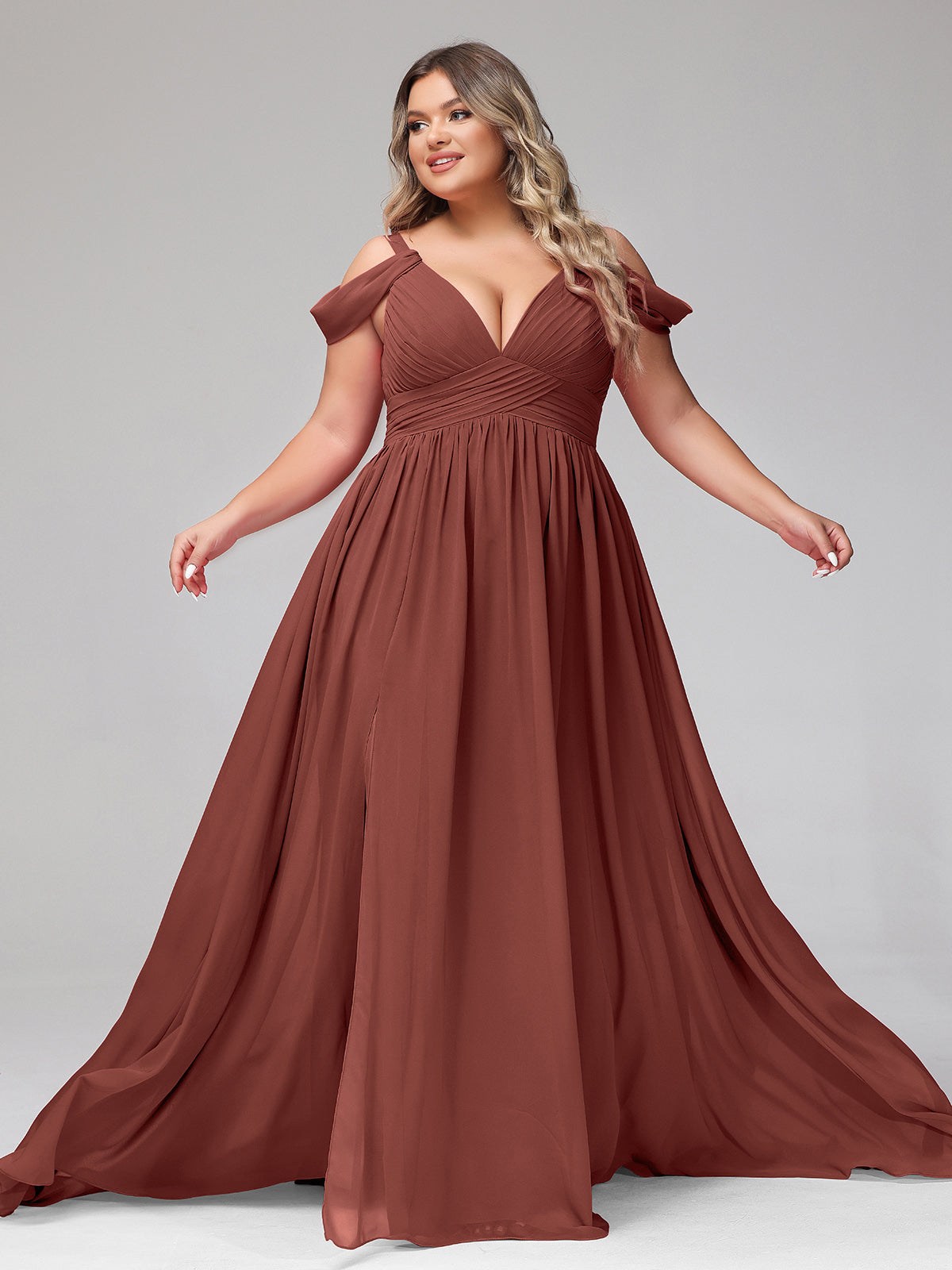 Lucy Profundo Escote En V Sexy Gasa Vestido Con Apertura Terracota Tallas Grandes