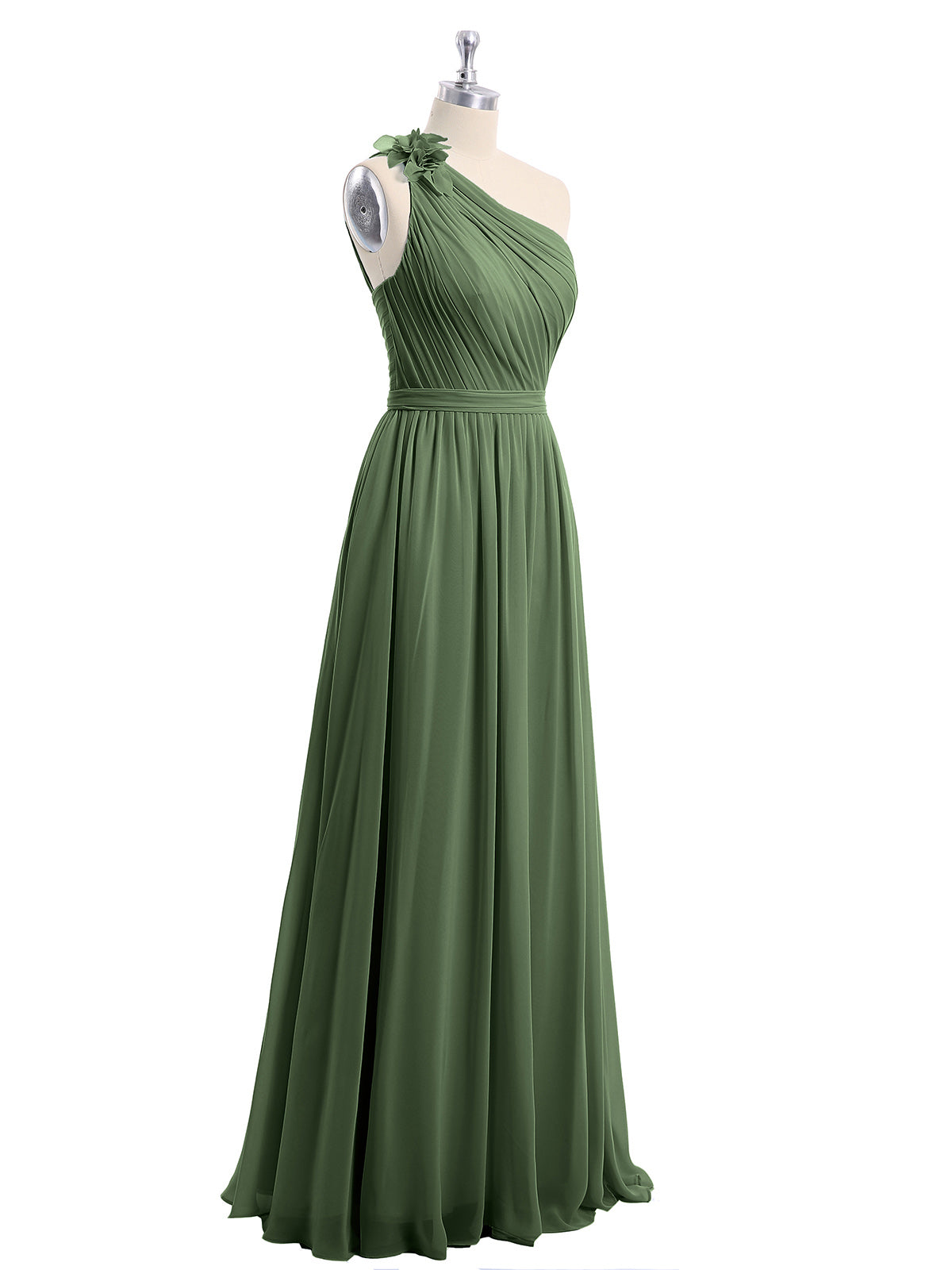 Vestidos de chiffon con un hombro de flor y bolsillo Verde Oliva Tallas Grandes