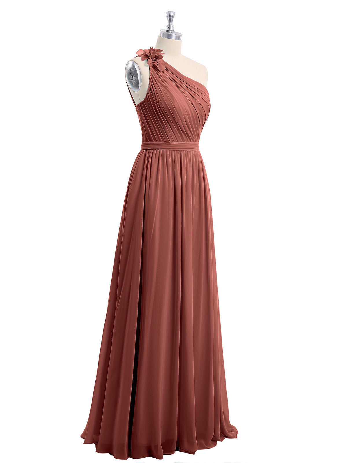 Vestidos de chiffon con un hombro de flor y bolsillo Terracota Tallas Grandes