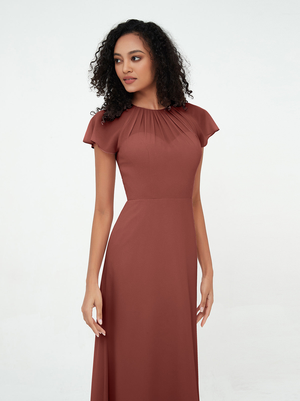 Vestidos de chiffon con escote ilusión y mangas cap Terracota