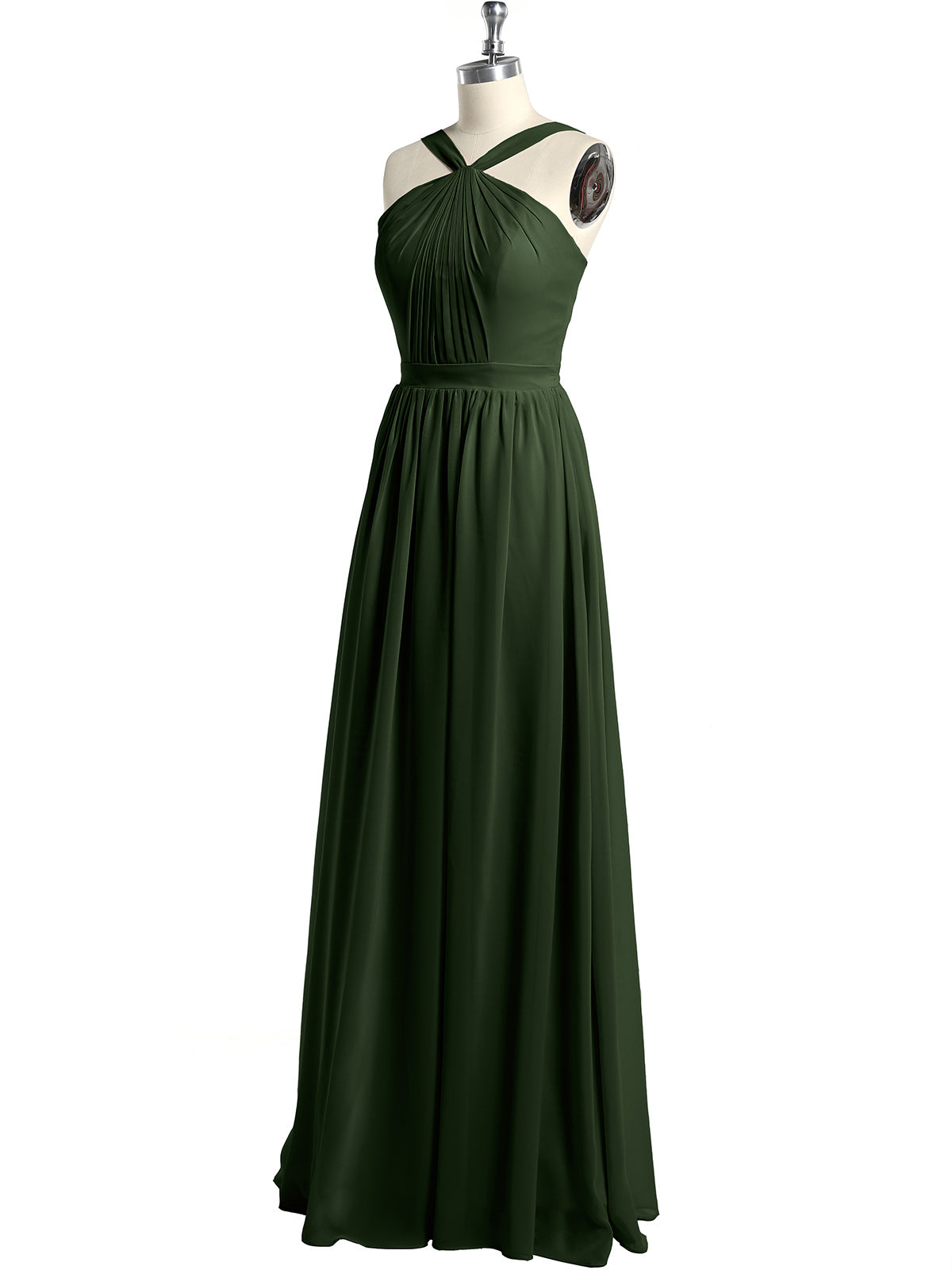 Vestidos largos de chiffon de cuello en Y para damas de honor Verde Oliva