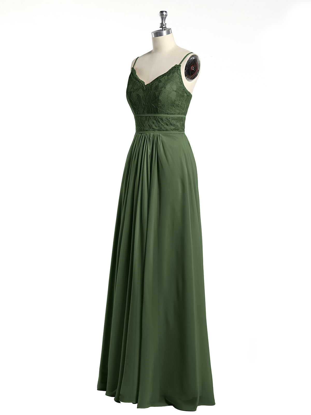 Vestidos de chiffon y encaje con tirantes finos Verde Oliva Tallas Grandes